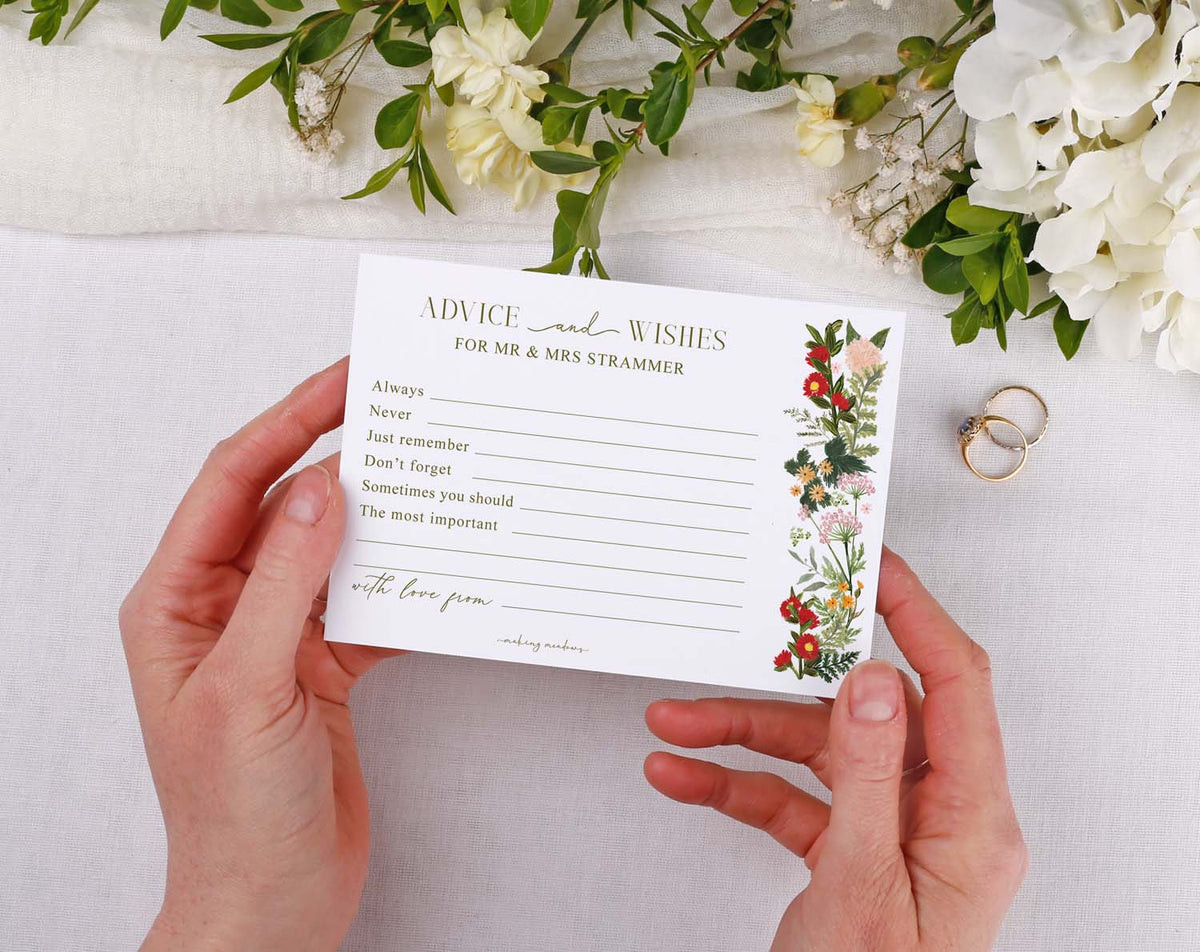 Boho Wedding Advice Cards in hands with floral design, ideal for capturing guest wishes and advice.