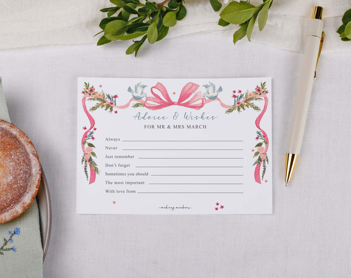Vintage Wedding Advice Cards featuring floral design and lines for guest messages and wishes.