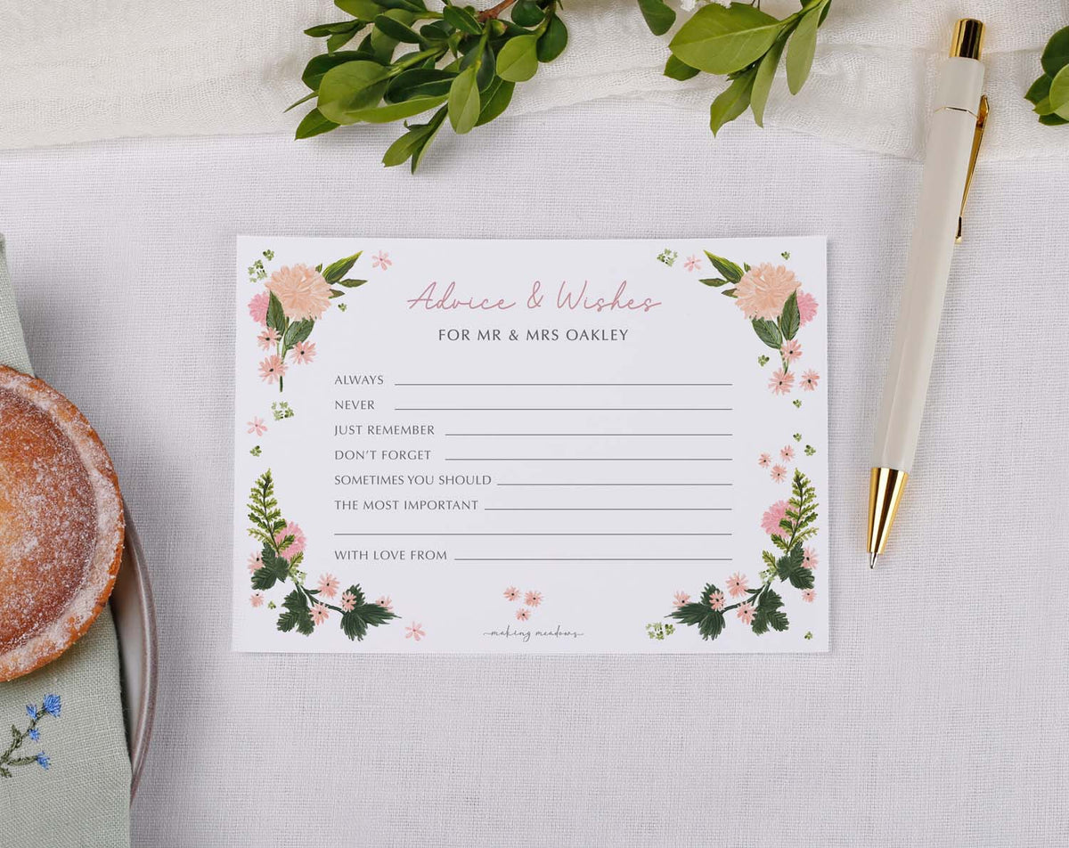 Pink Floral Wedding Advice Cards for guests to share messages and wishes for the couple, featuring a floral design.