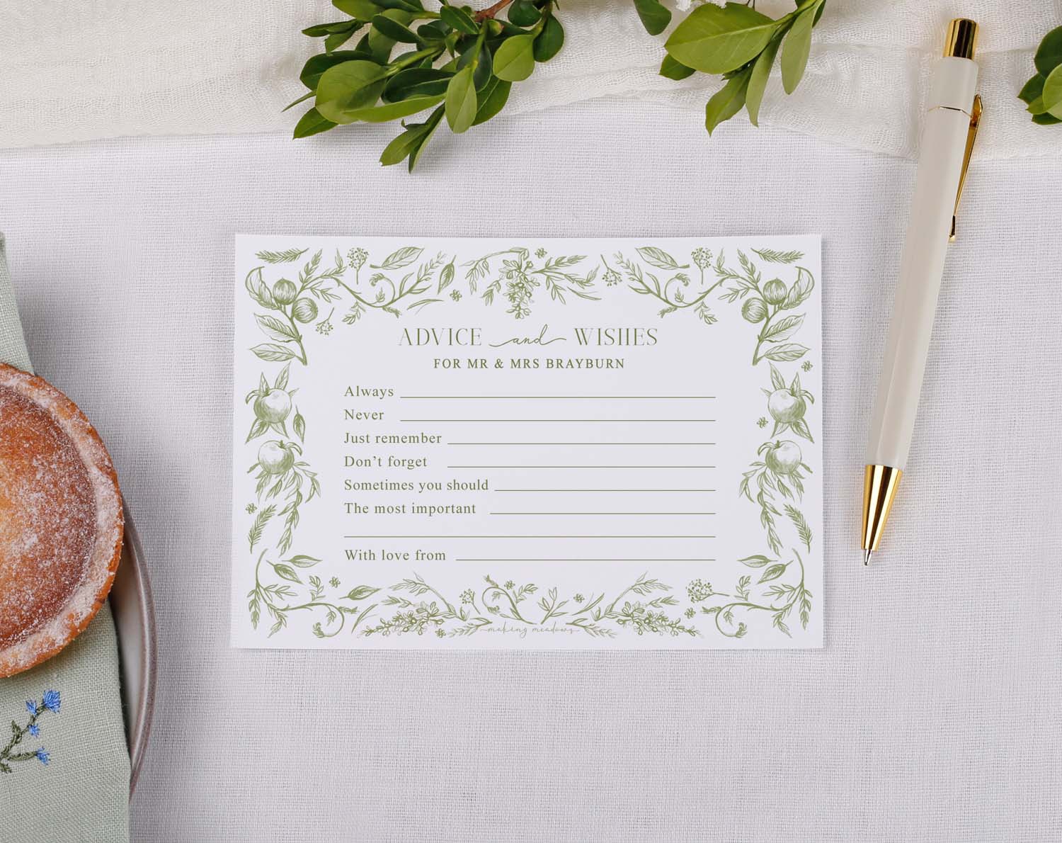 Sage Garden Wedding Advice Cards with elegant floral design for guest messages and wishes.