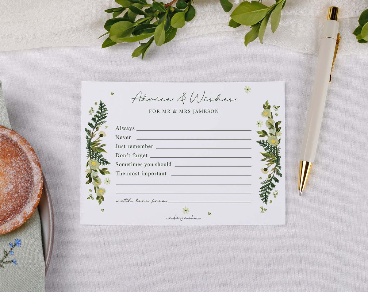 Botanical Wedding Advice Cards featuring floral designs for guest messages and wishes.