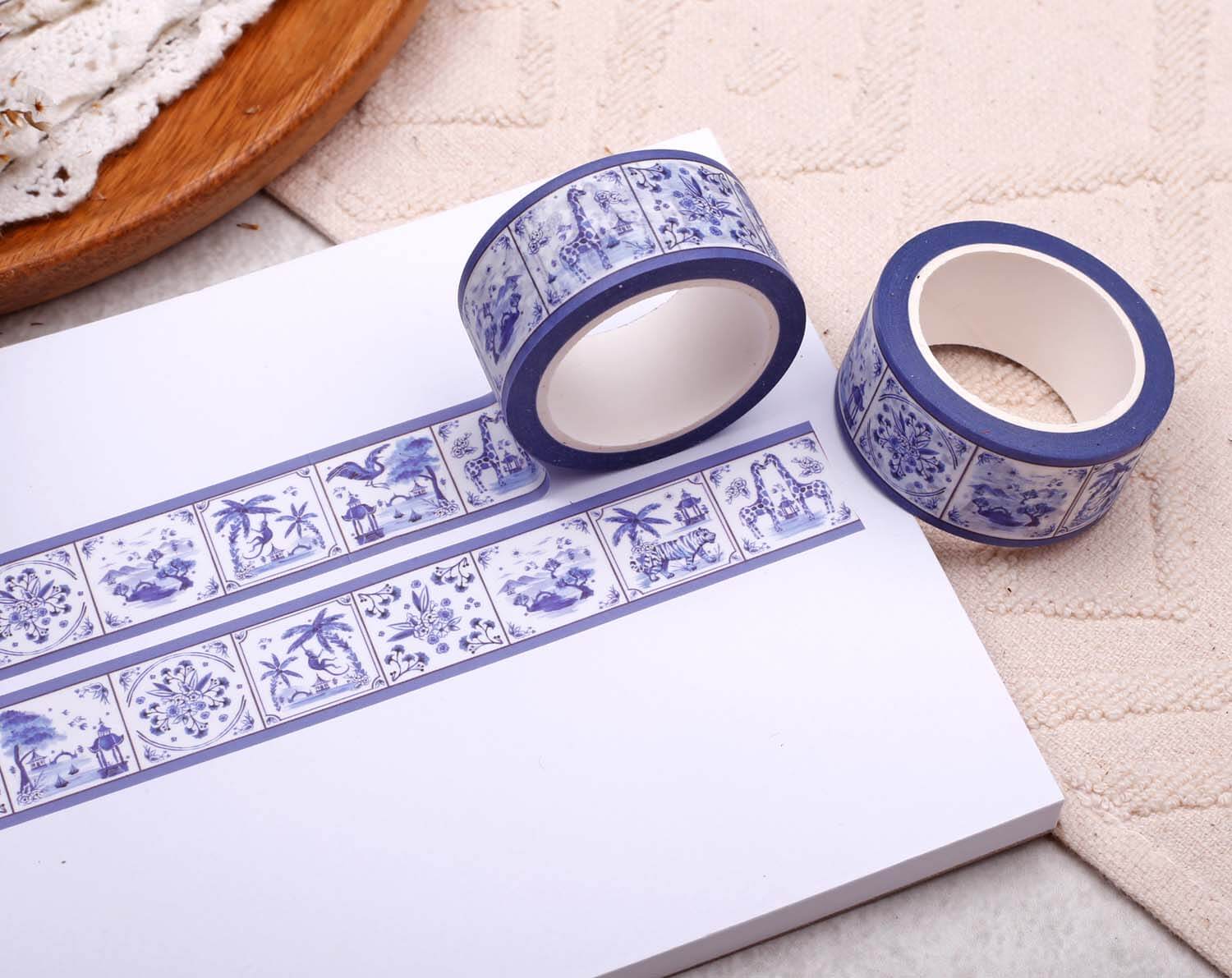 Animal Washi Tape - Eco Paper Roll featuring blue floral designs on a white background.