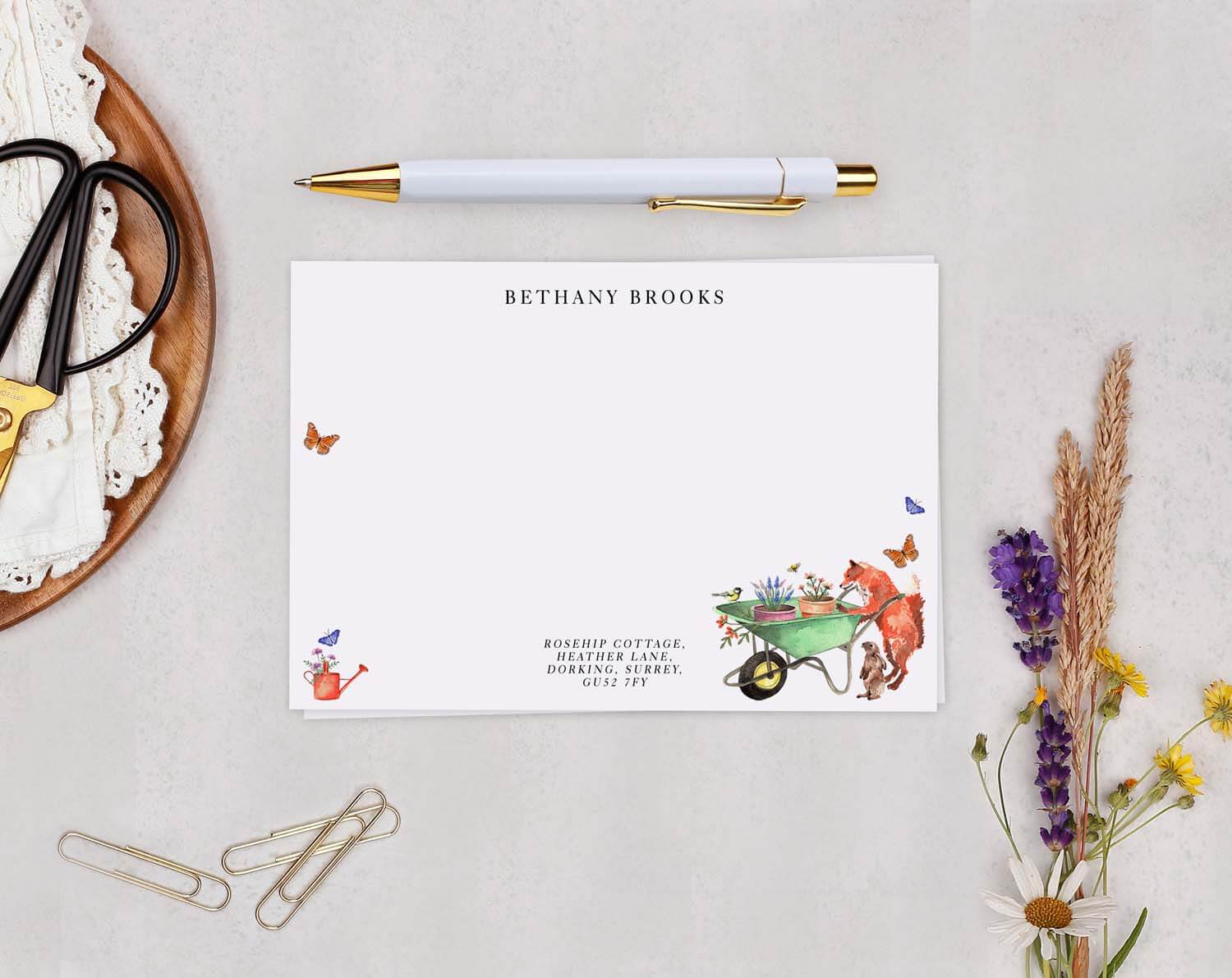 Animals Personalised Note cards featuring charming illustrations of a fox, garden birds, and butterflies.