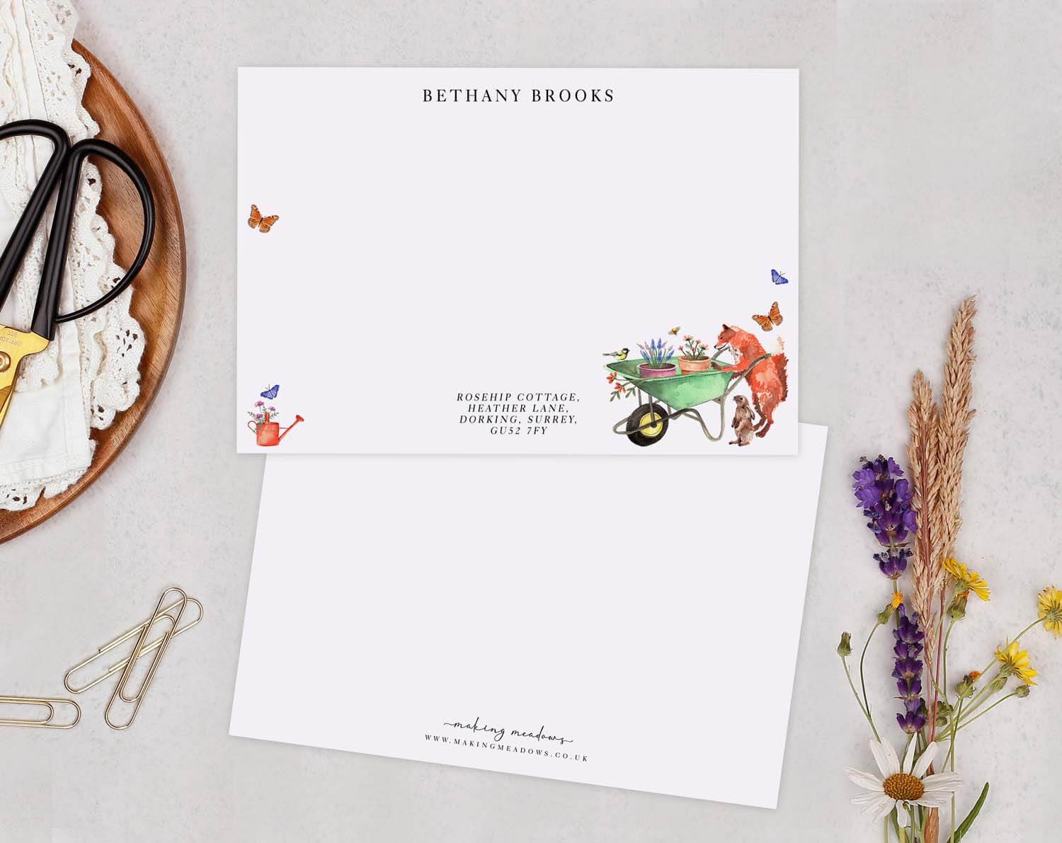 Animals Personalised Note cards featuring charming illustrations of a fox, butterflies, and garden elements.
