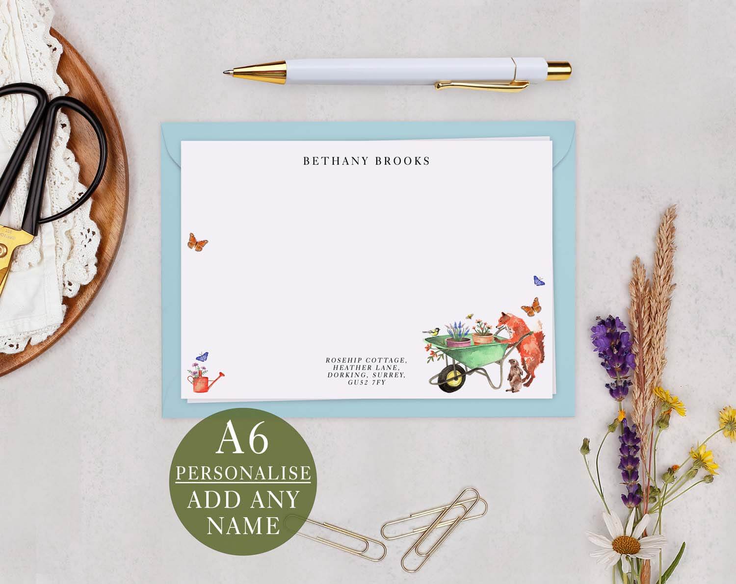 Animals Personalised Note cards - A6 stationery featuring a garden design and personalization option.