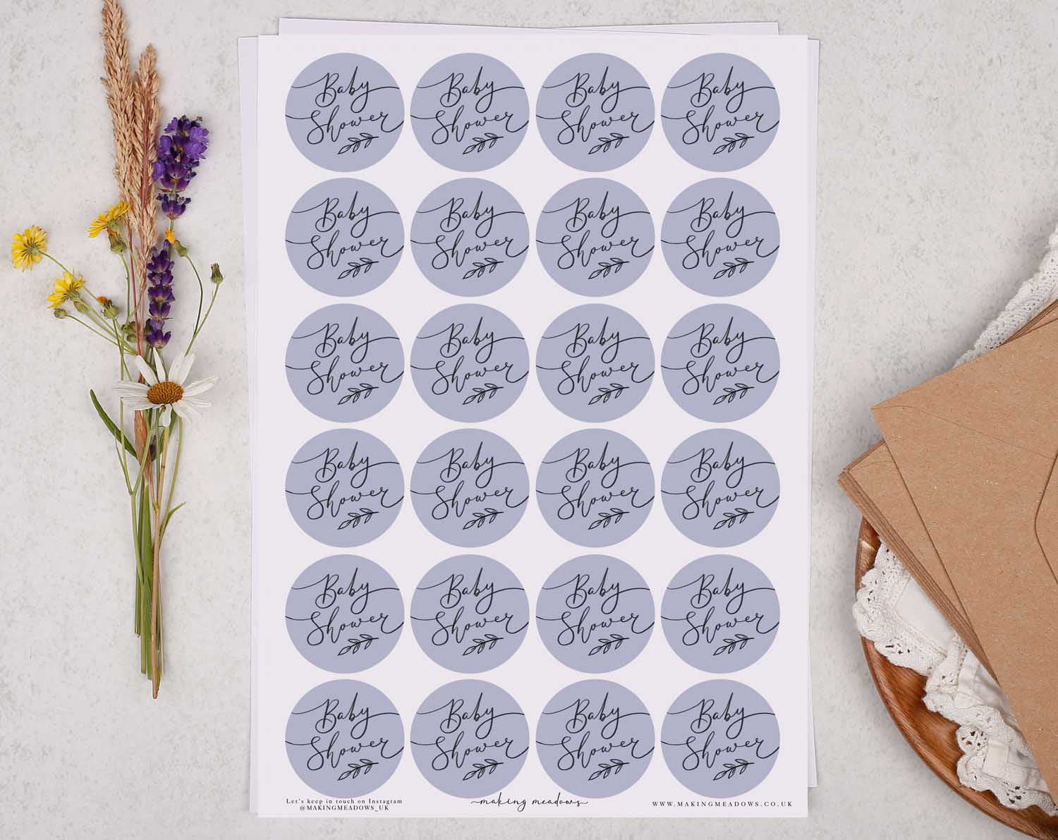 botanical 'Baby Shower' circle sticker sheets