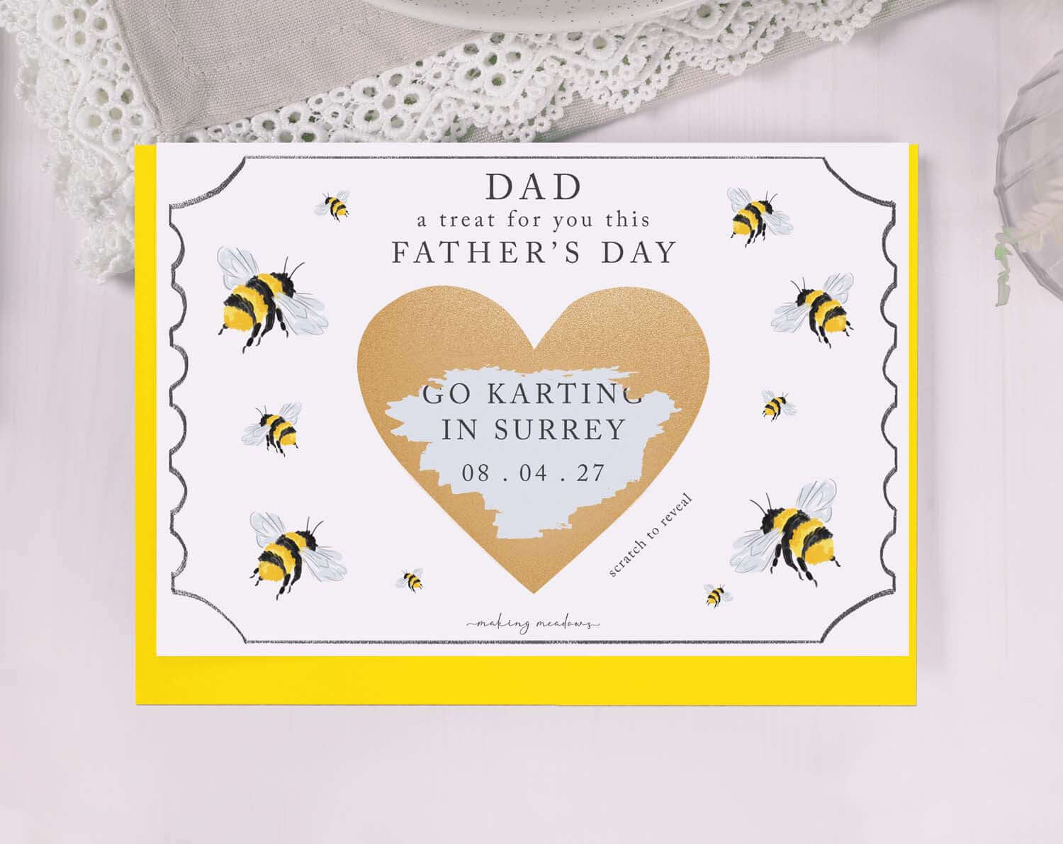 Bee Scratch To Reveal Card For Dad featuring bees and a gold heart scratch area for Father's Day surprise.