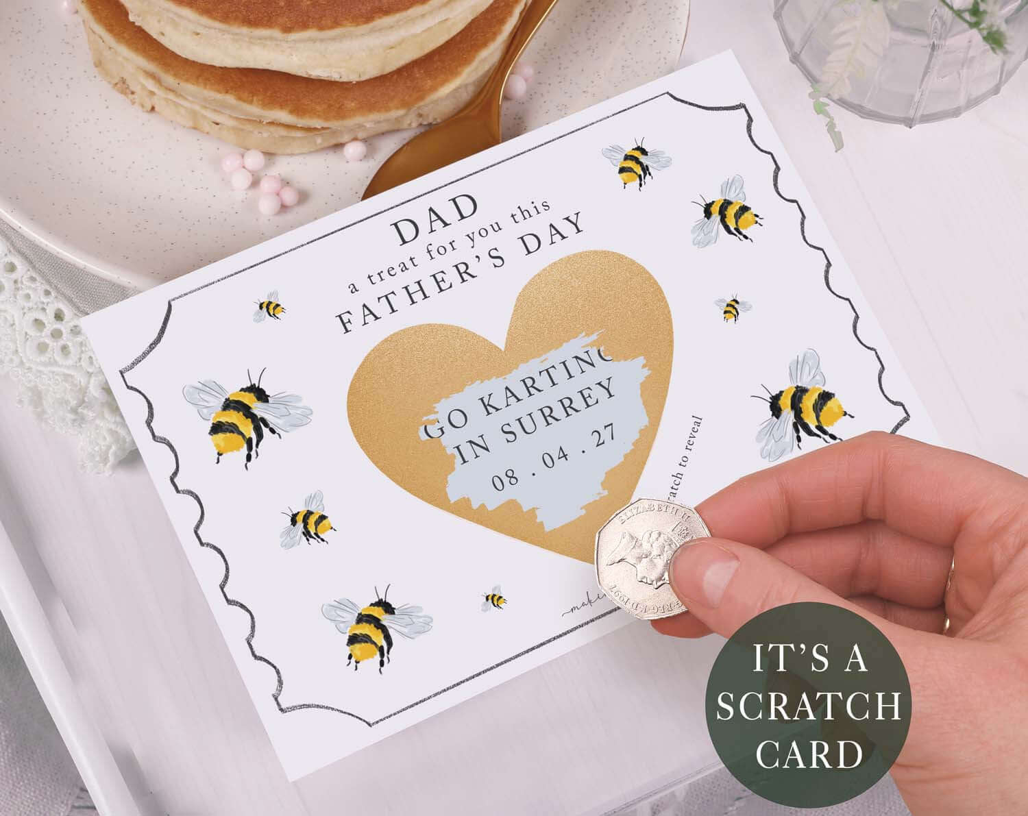 Bee Scratch To Reveal Card For Dad featuring a gold heart scratch area and fun bumble bee design.