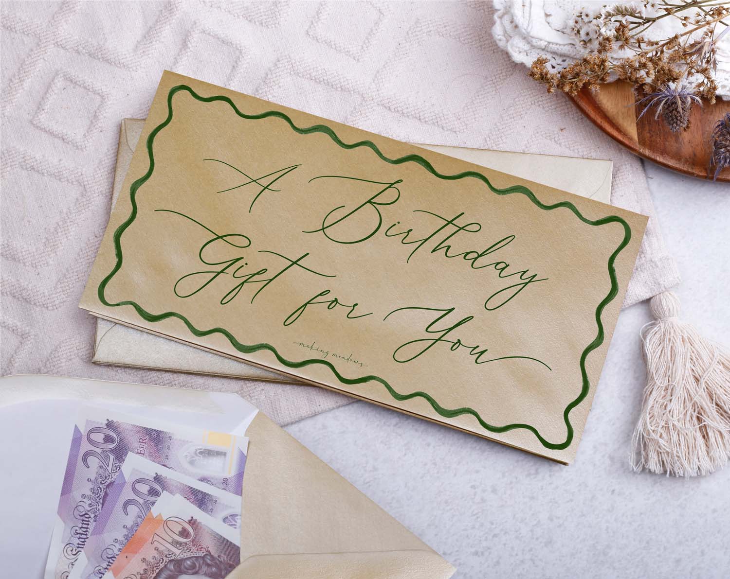 Birthday Gift Money Envelopes featuring green wave pattern and the words "A Birthday Gift For You"