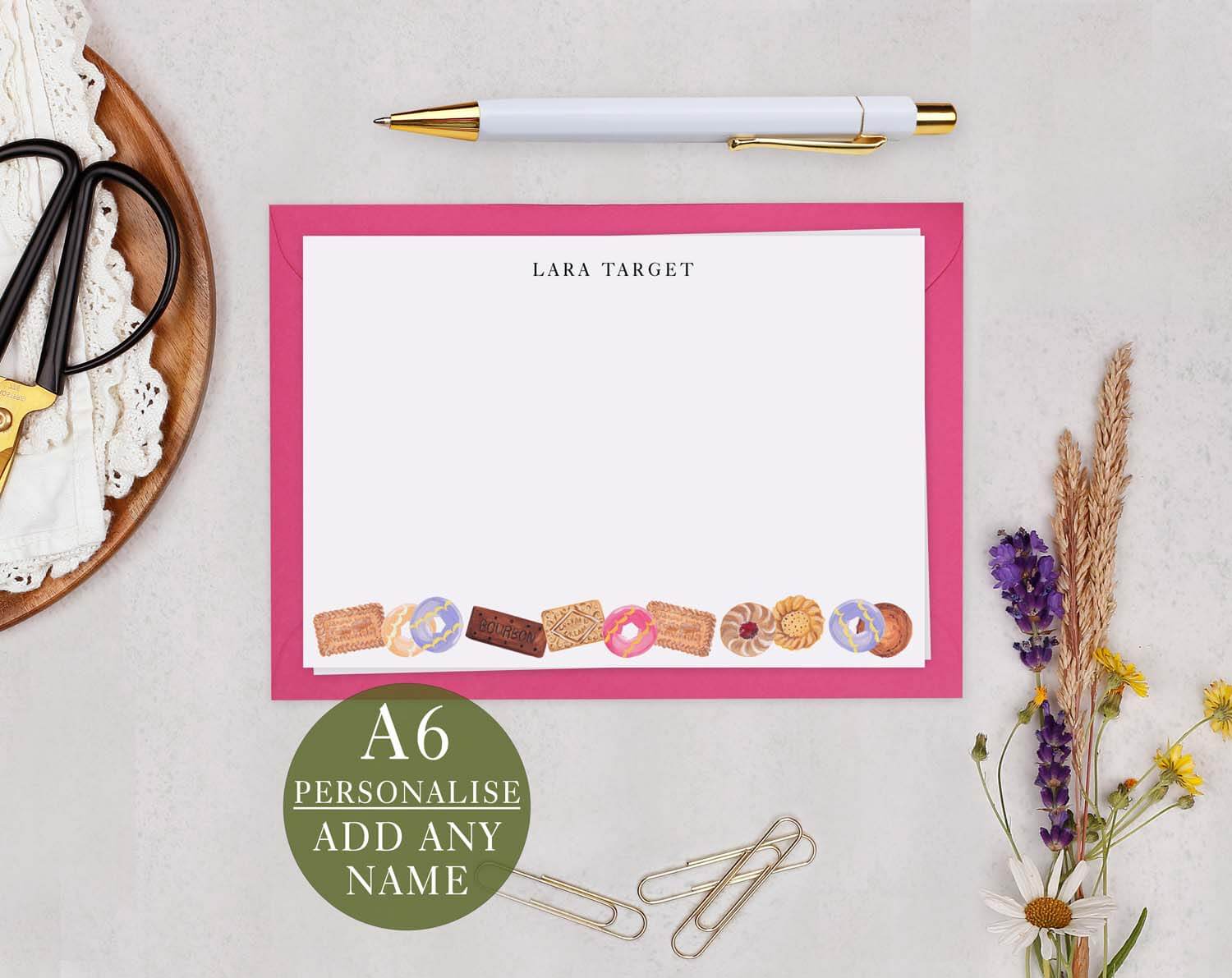 Biscuit Personalised Note Cards with charming biscuit illustrations, perfect for personalizing letters and notes.