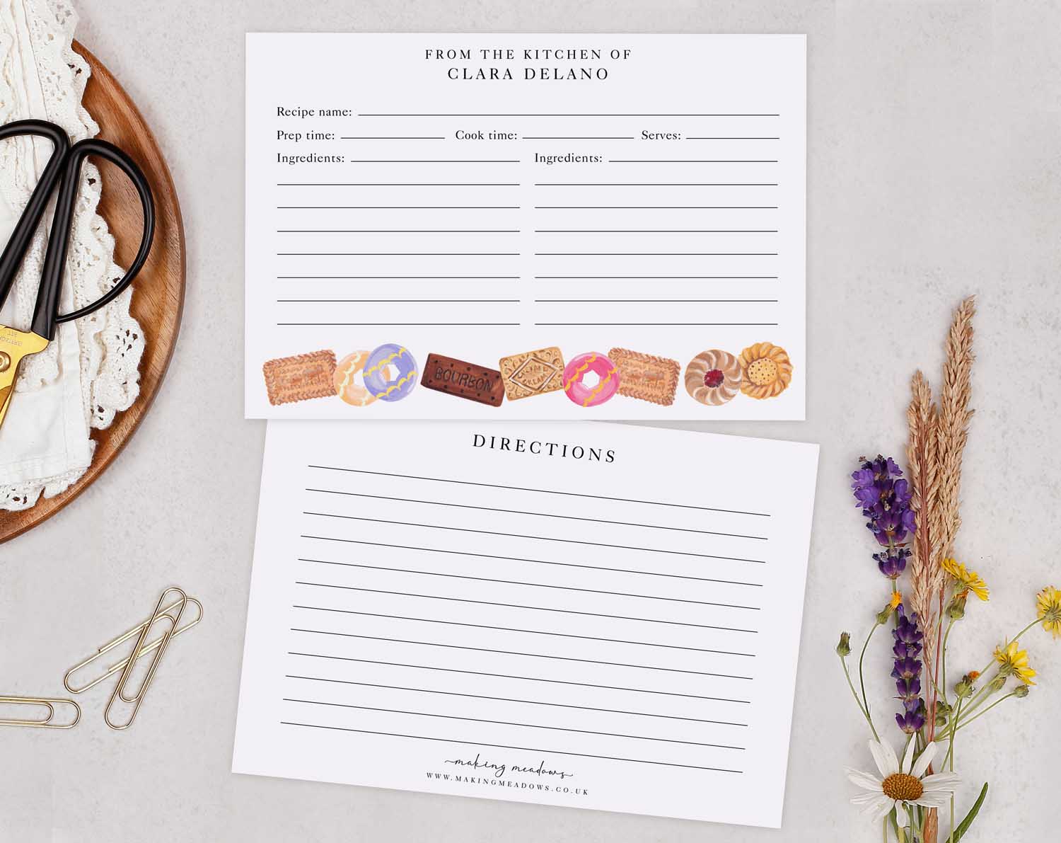 Biscuit Recipe Cards Gift Set featuring whimsical recipe cards with baking-themed illustrations and vibrant borders.
