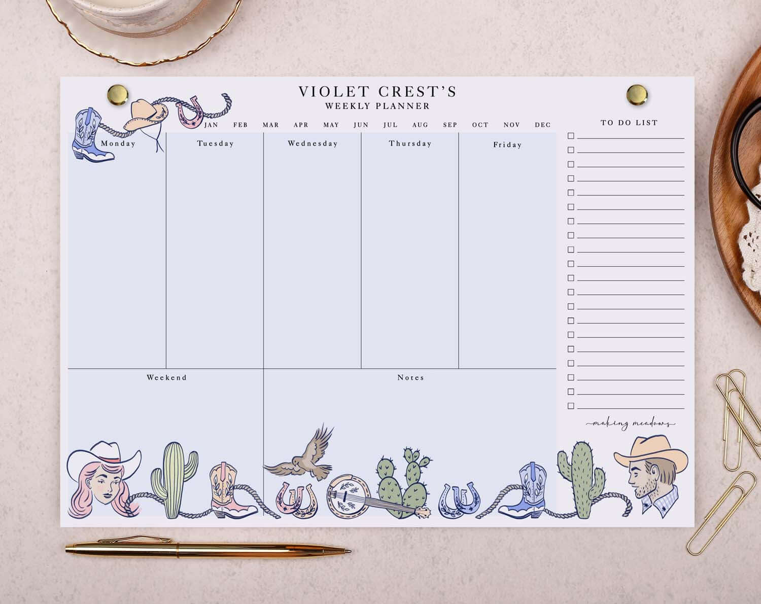 Blue Cowboy Personalised Weekly Planner Pad. Calendars, Organizers & Planners designed by Making Meadows