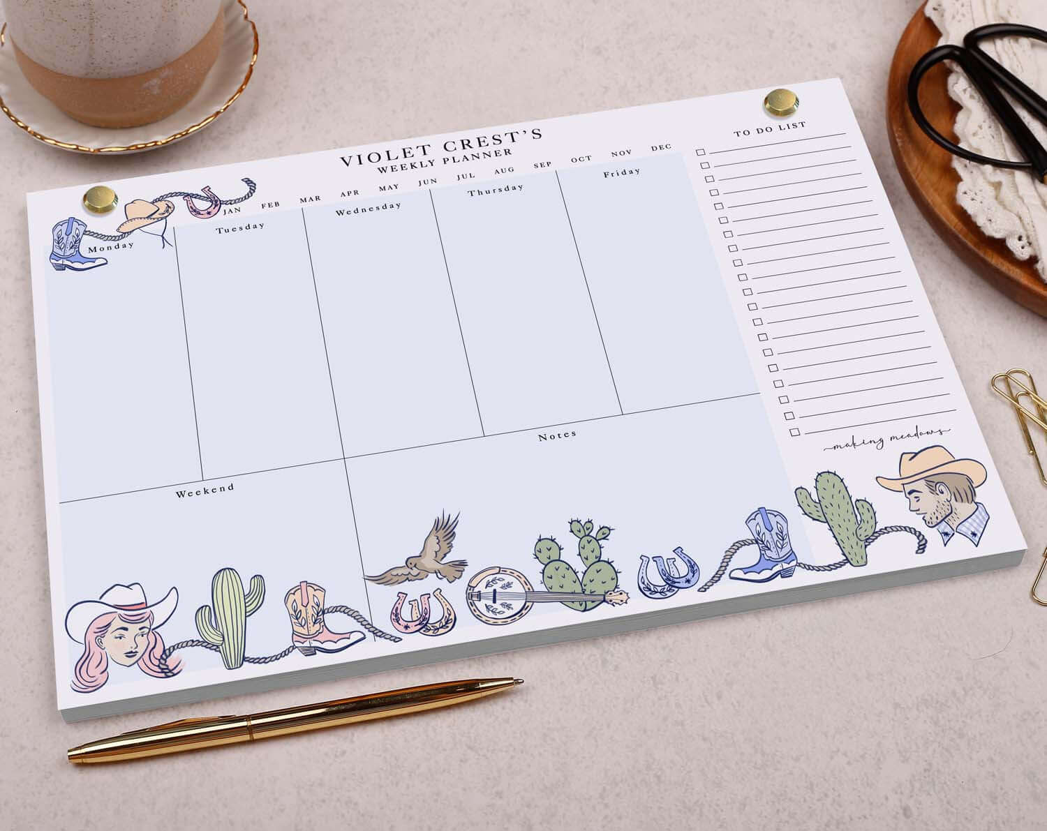 Blue Cowboy Personalised Weekly Planner Pad. Calendars, Organizers & Planners designed by Making Meadows