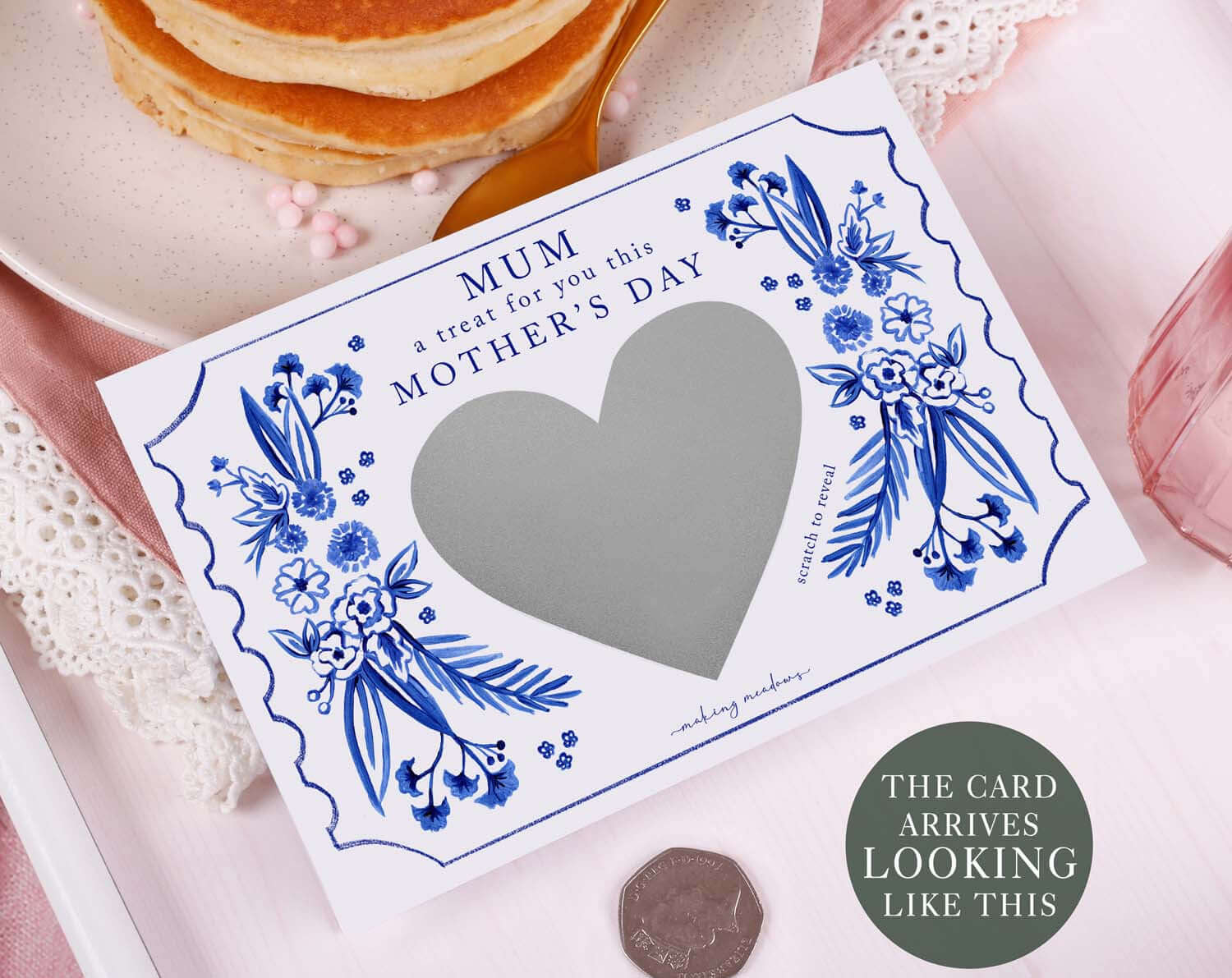 Blue Floral Mum Gift Reveal Scratch Card. Greeting Cards designed by Making Meadows