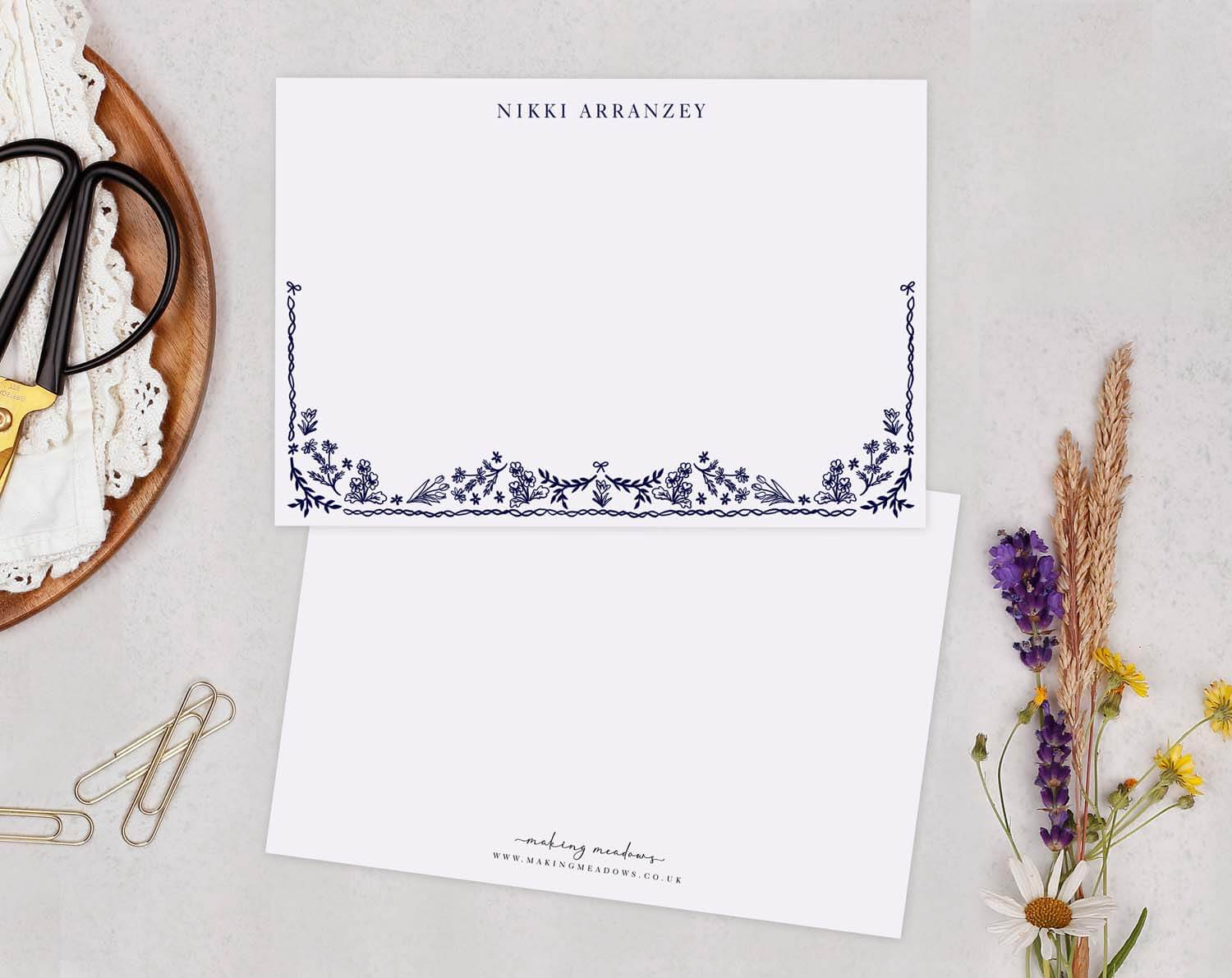 Blue Floral Personalised Note cards featuring elegant floral border design for sophisticated stationery.
