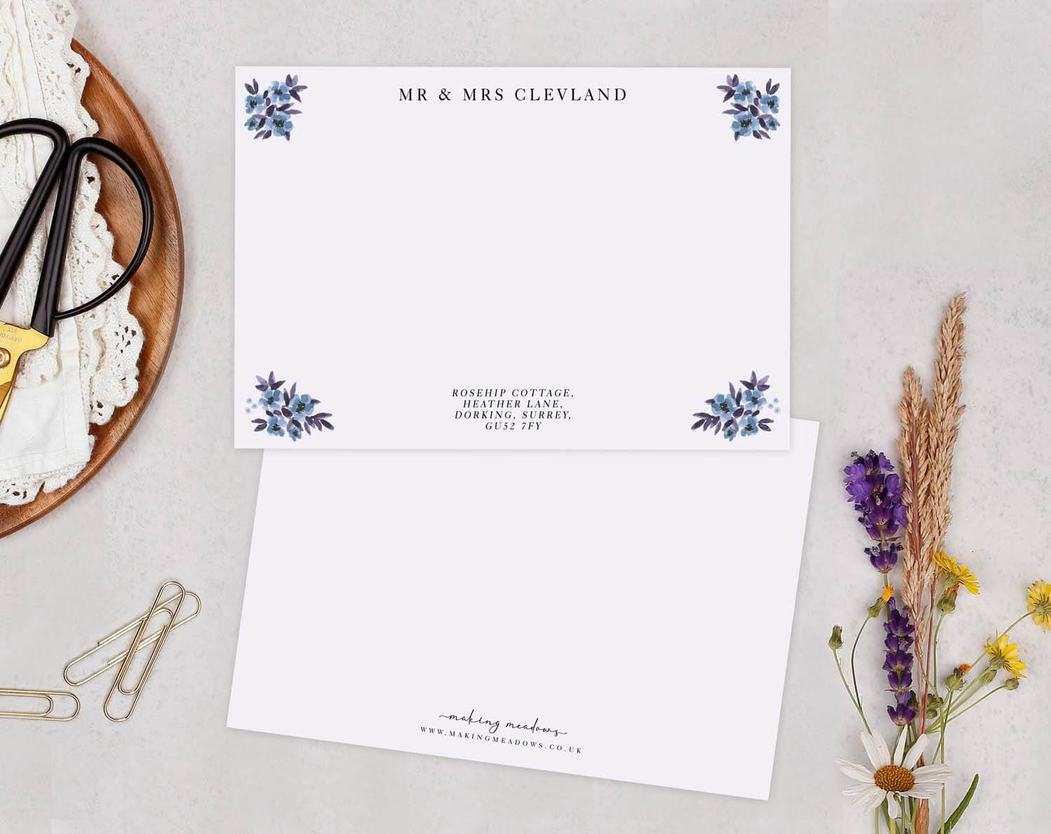 Blue flower Personalised Note Cards featuring elegant design and floral accents for personalized correspondence.