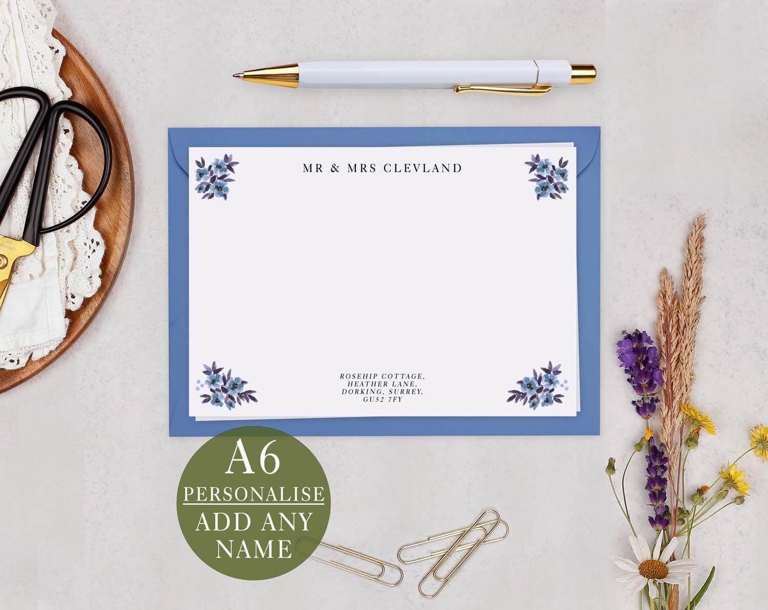 Blue flower Personalised Note cards with elegant blue floral design for customization.