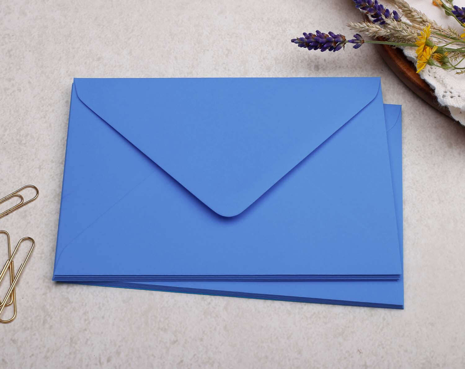 Blue flower Personalised Note cards in elegant blue envelopes ready for correspondence.