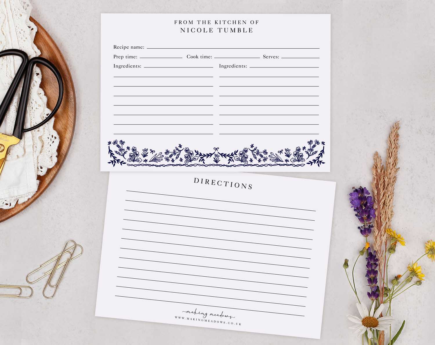 Blue Flower Recipe Cards featuring floral design and lined sections for recipe details, from the kitchen of Nicole Tumble.