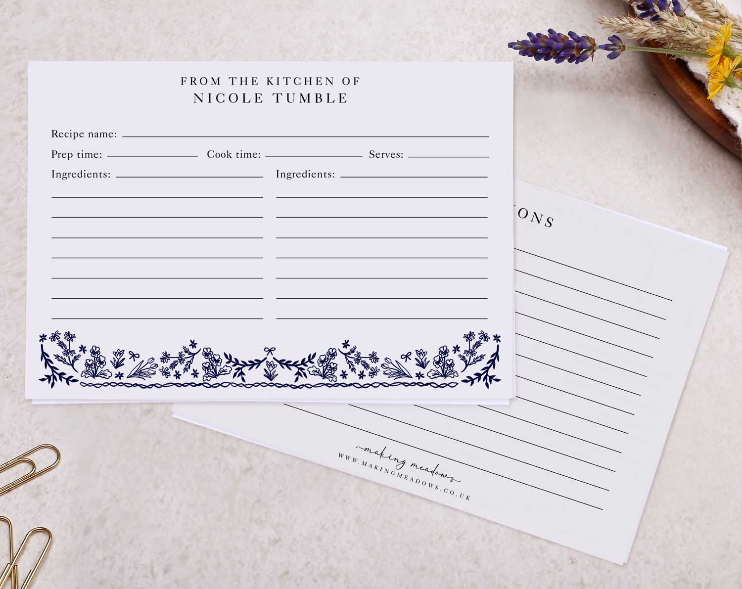 Blue Flower Recipe Cards with floral design for organizing favorite recipes.