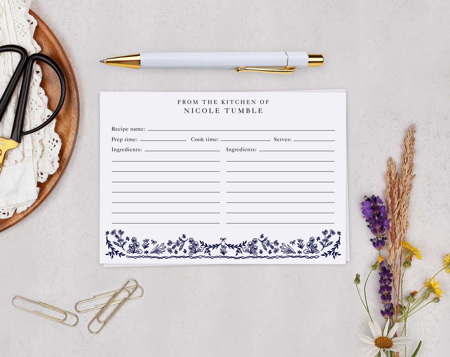 Blue Flower Recipe Cards with floral design, lined for recipe details, perfect for kitchens and gifting.
