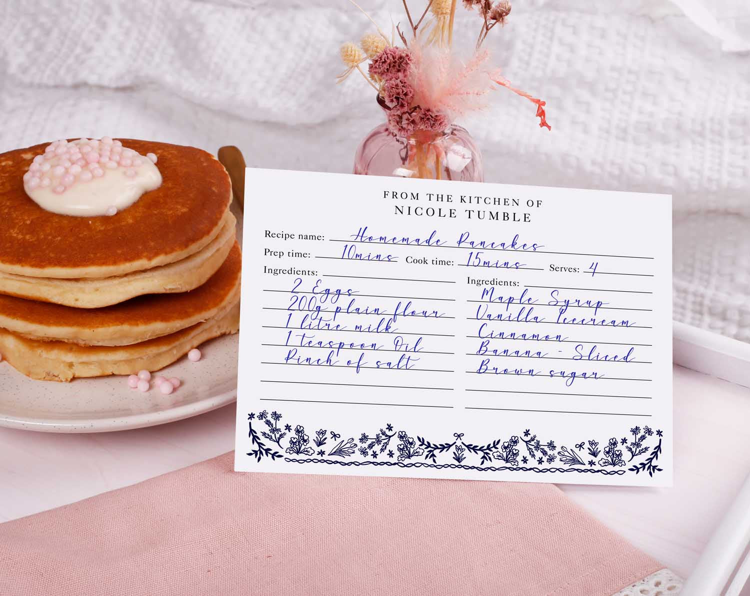 Blue Flower Recipe Cards featuring a handwritten pancake recipe next to stacked pancakes.