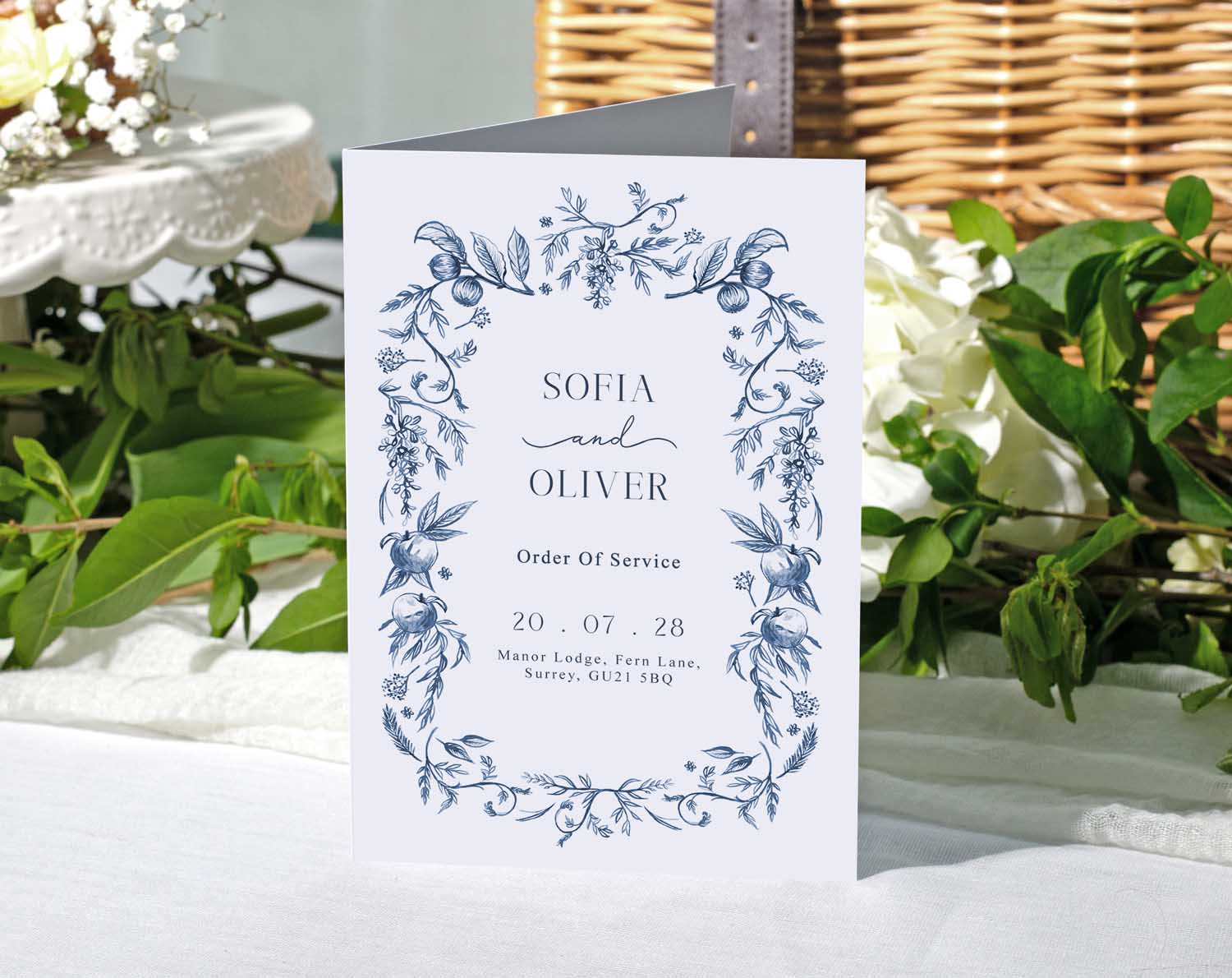 Blue Garden Order Of Service for Sofia and Oliver wedding ceremony with floral design and event details.