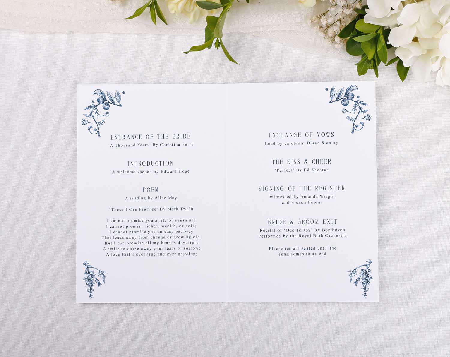 Blue Garden Order Of Service featuring the ceremony details for a wedding event.