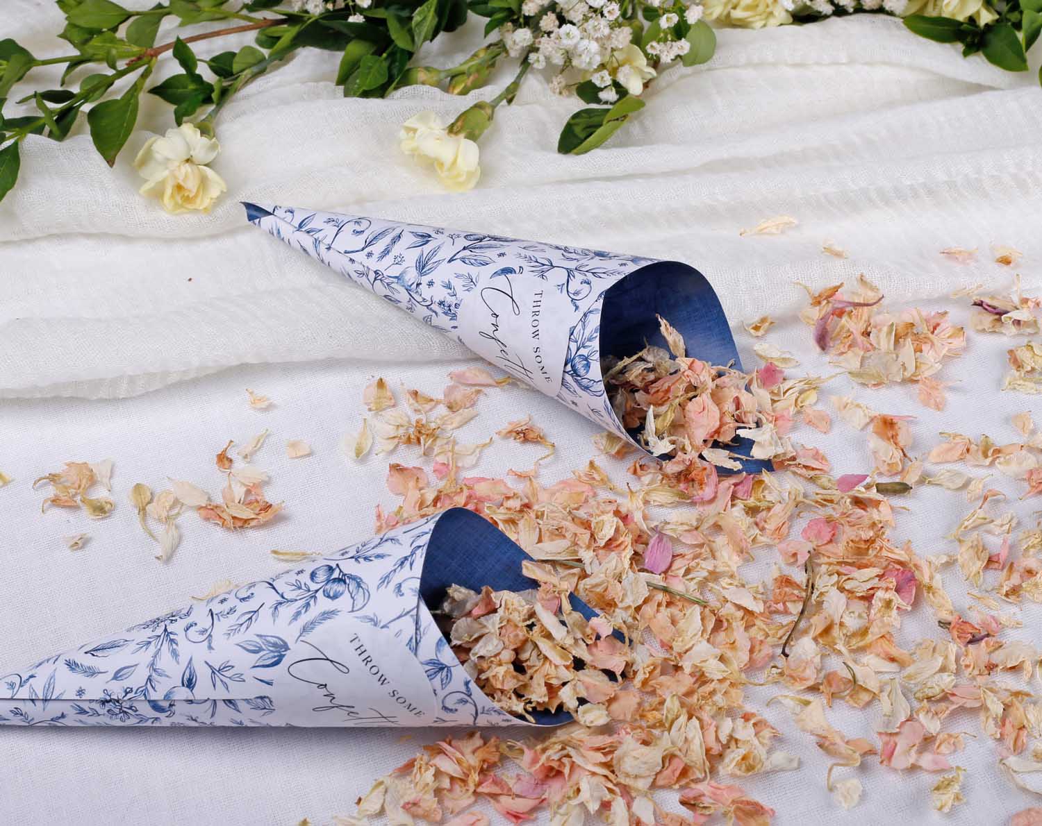 Blue Garden Wedding Confetti Cones elegantly displayed with floral confetti,