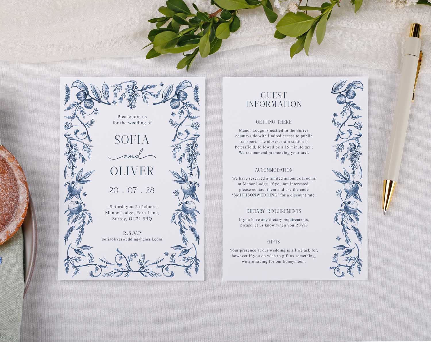 Blue Garden Wedding Information Cards featuring elegant floral designs and essential guest details