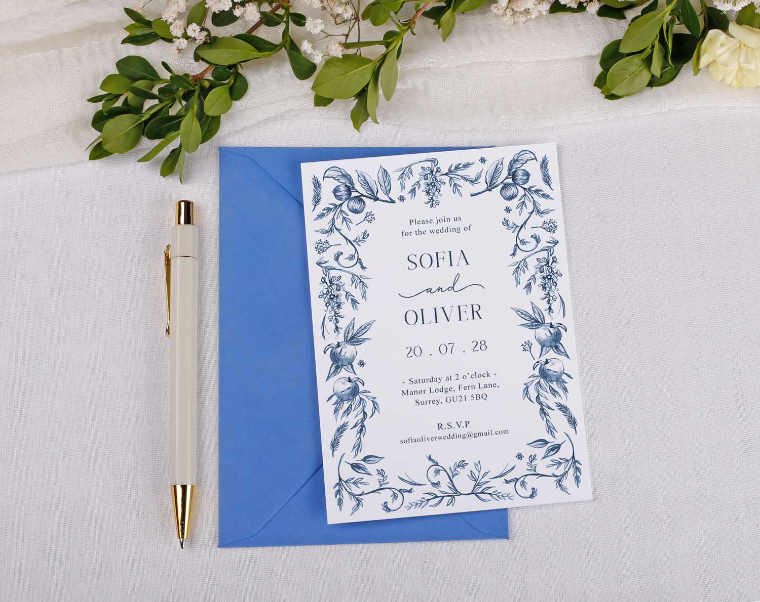 Blue Garden Wedding Invitations featuring floral design and blue envelope for a romantic wedding invitation.