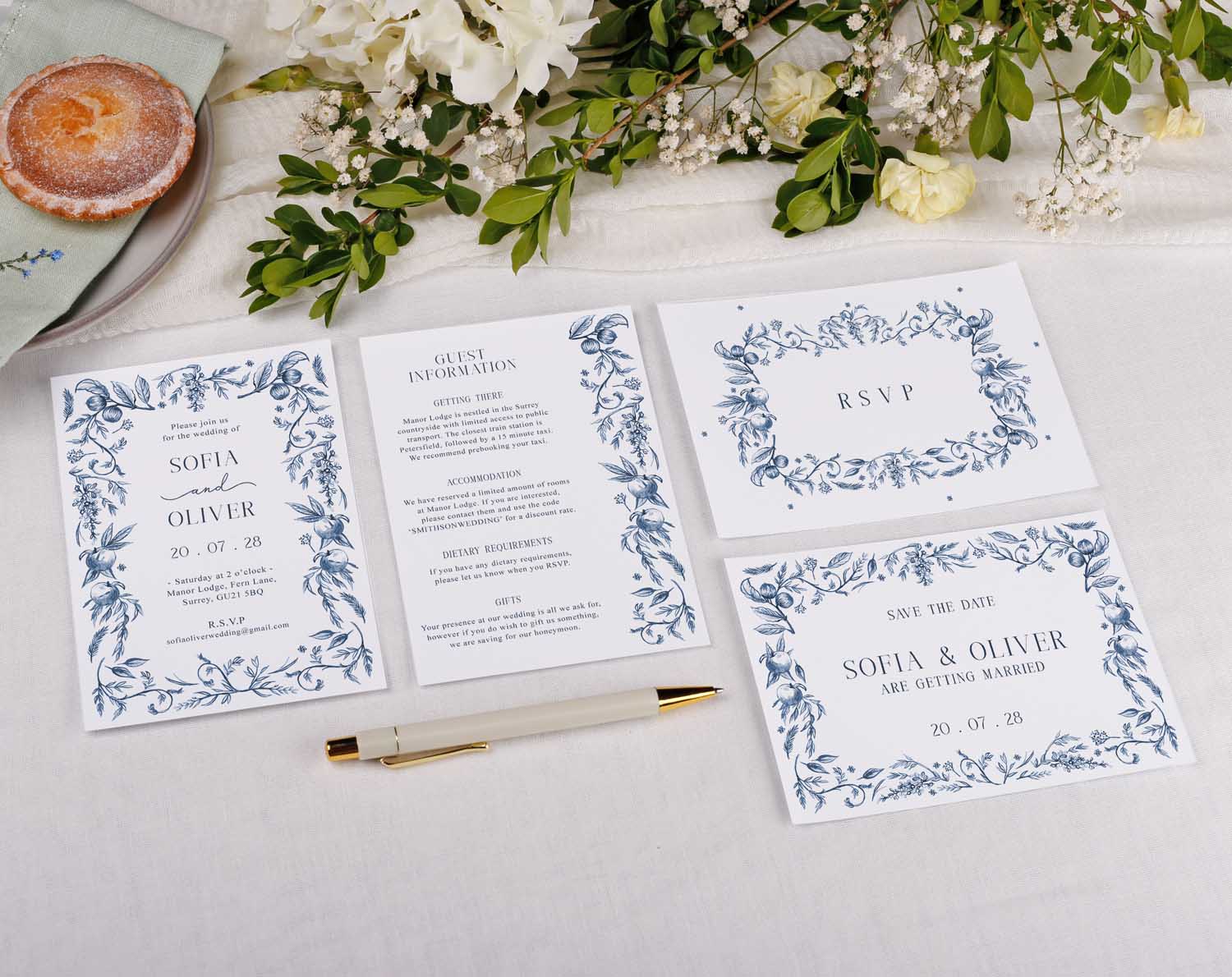Blue Garden Wedding Invitations featuring floral designs, RSVP, and save the date cards for rustic countryside wedding.