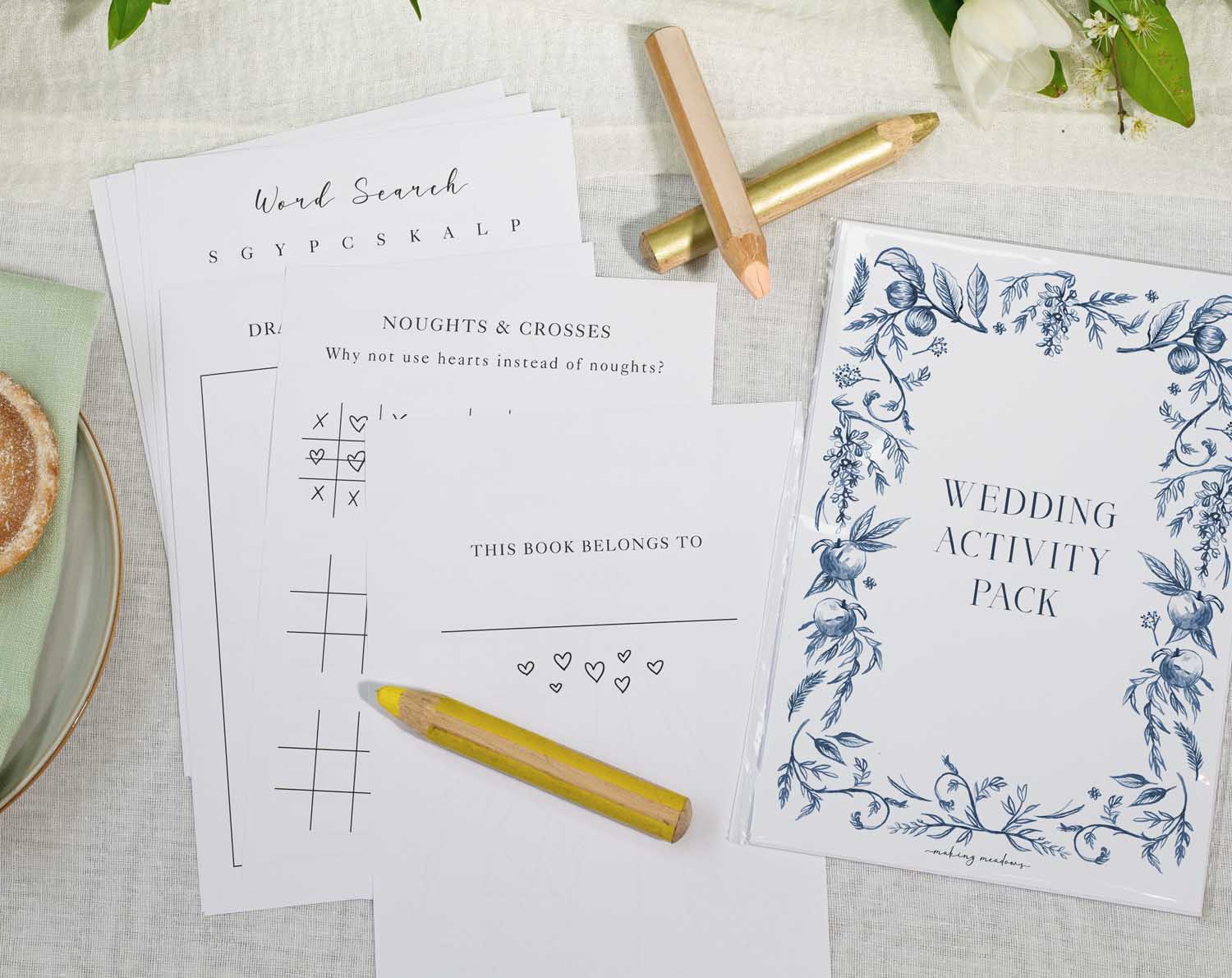 Blue Garden Wedding Kids Activity Pack featuring fun games, puzzles, and coloring activities for young guests.