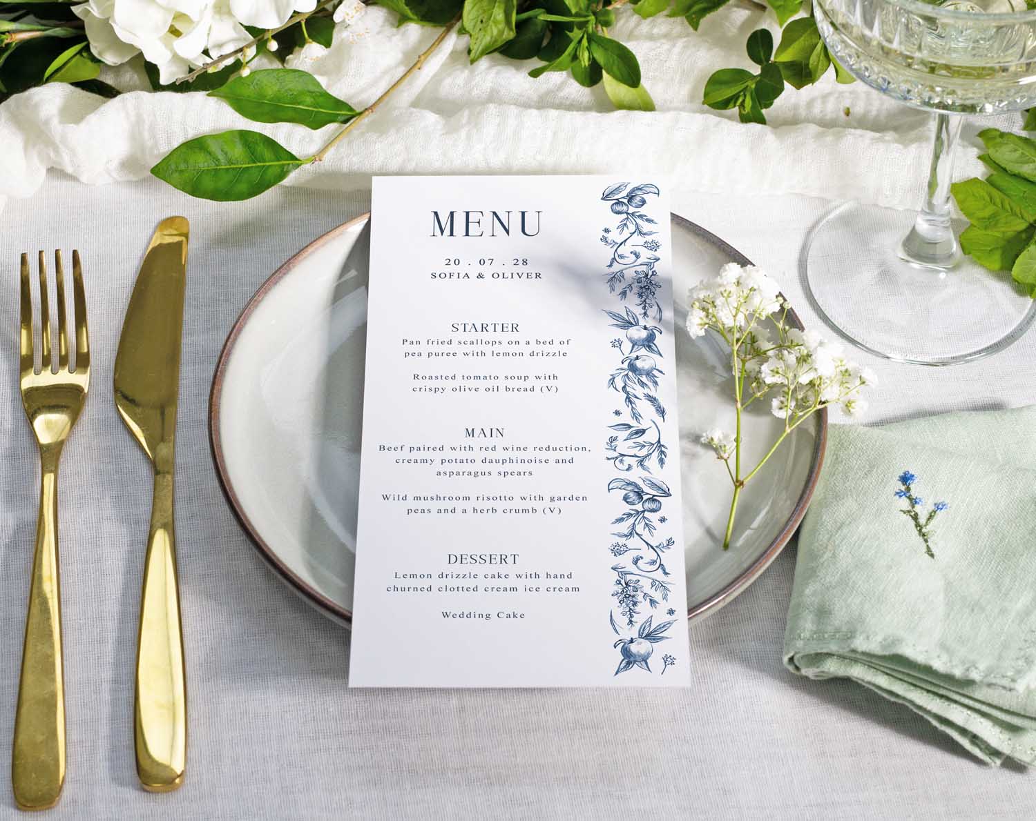Blue Garden Wedding Menus with wisteria, trailing vines and charming apples woven throughout.