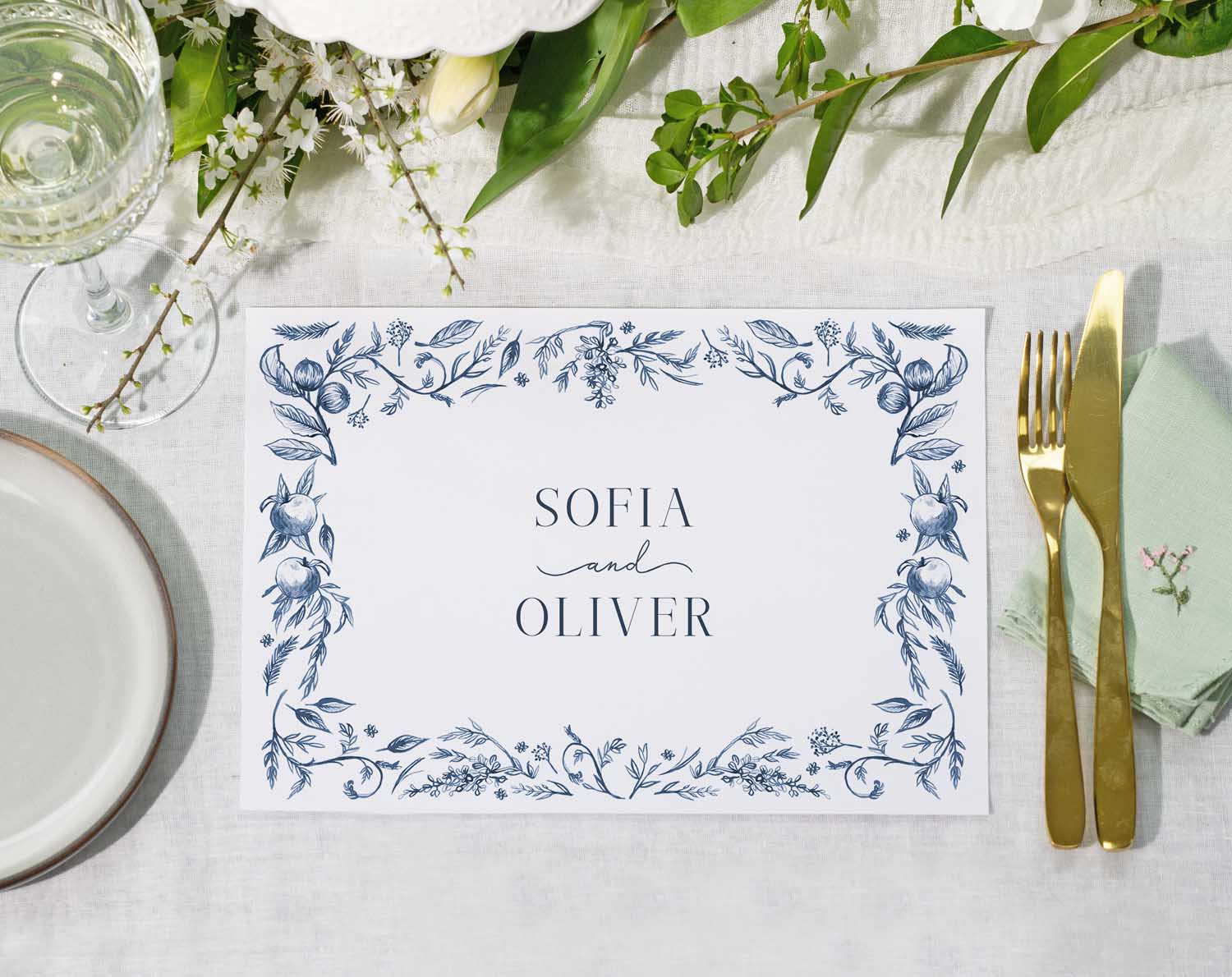 Blue Garden Wedding Placemats featuring blue florals, perfect for elegant table settings.