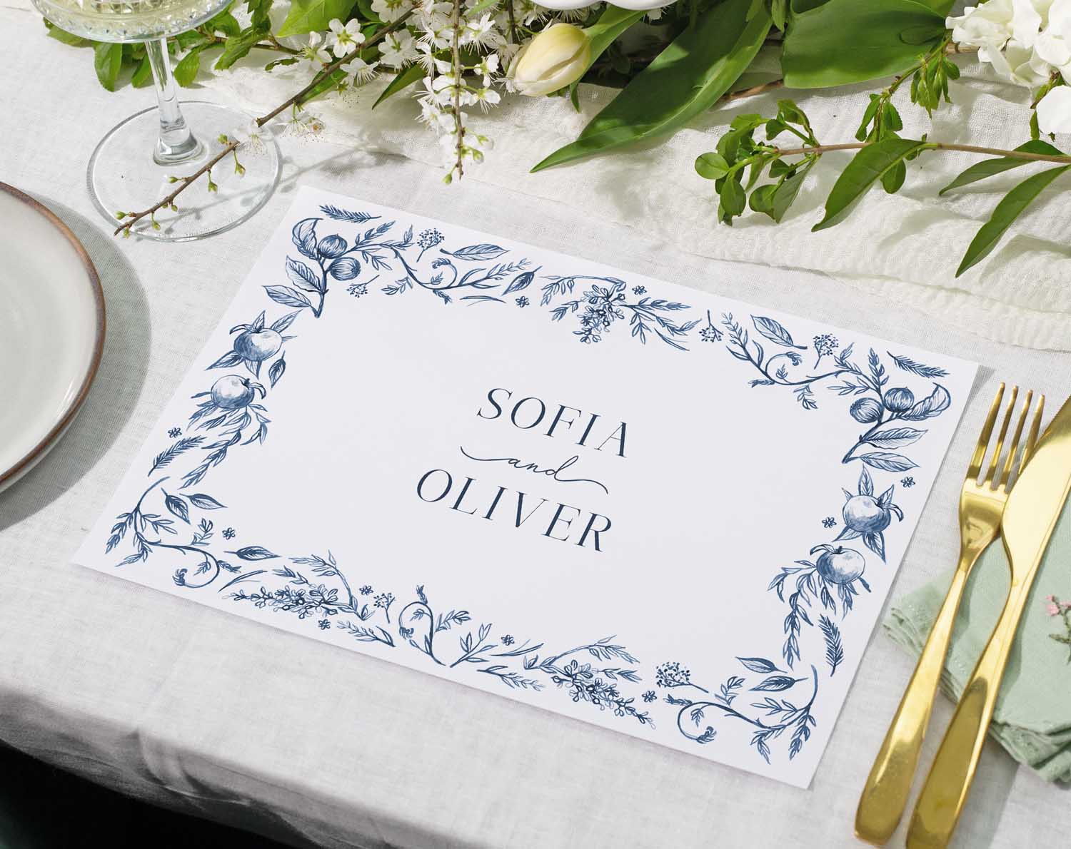 Blue Garden Wedding Placemats featuring english garden navy floral design.