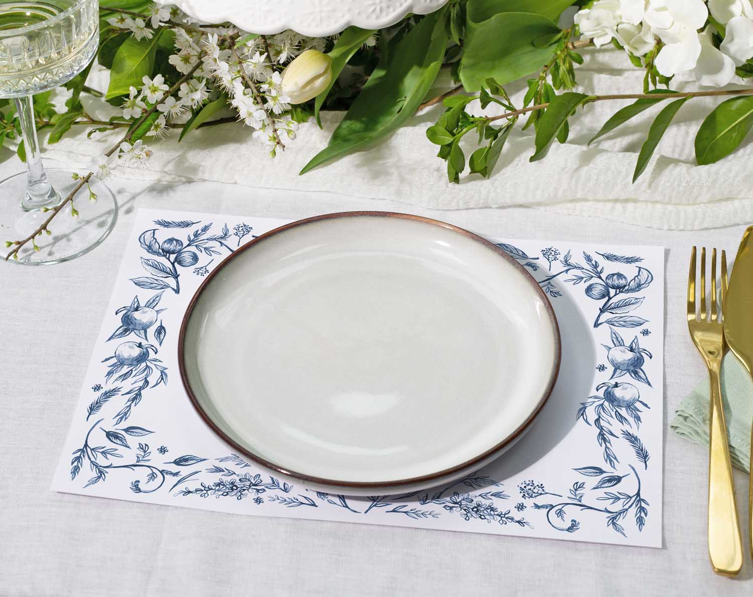 Blue Garden Wedding Placemats with personalised blue floral illustrations.