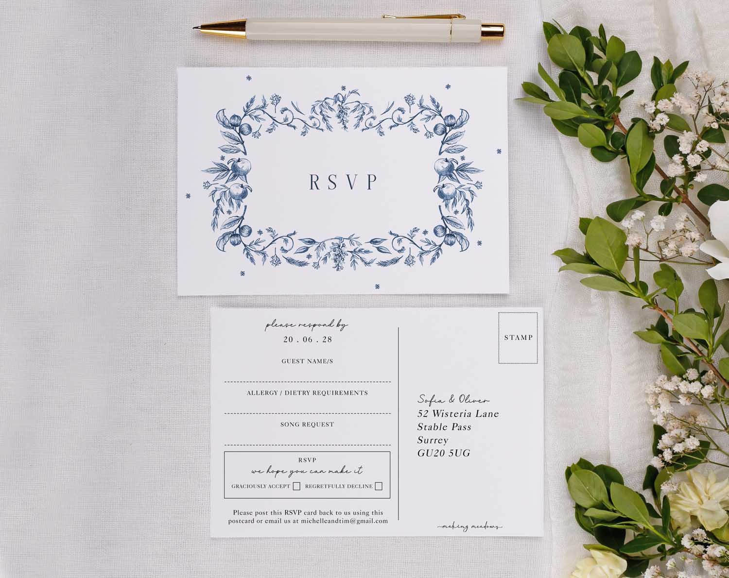 Blue Garden Wedding RSVP Cards featuring botanical floral designs with RSVP details.
