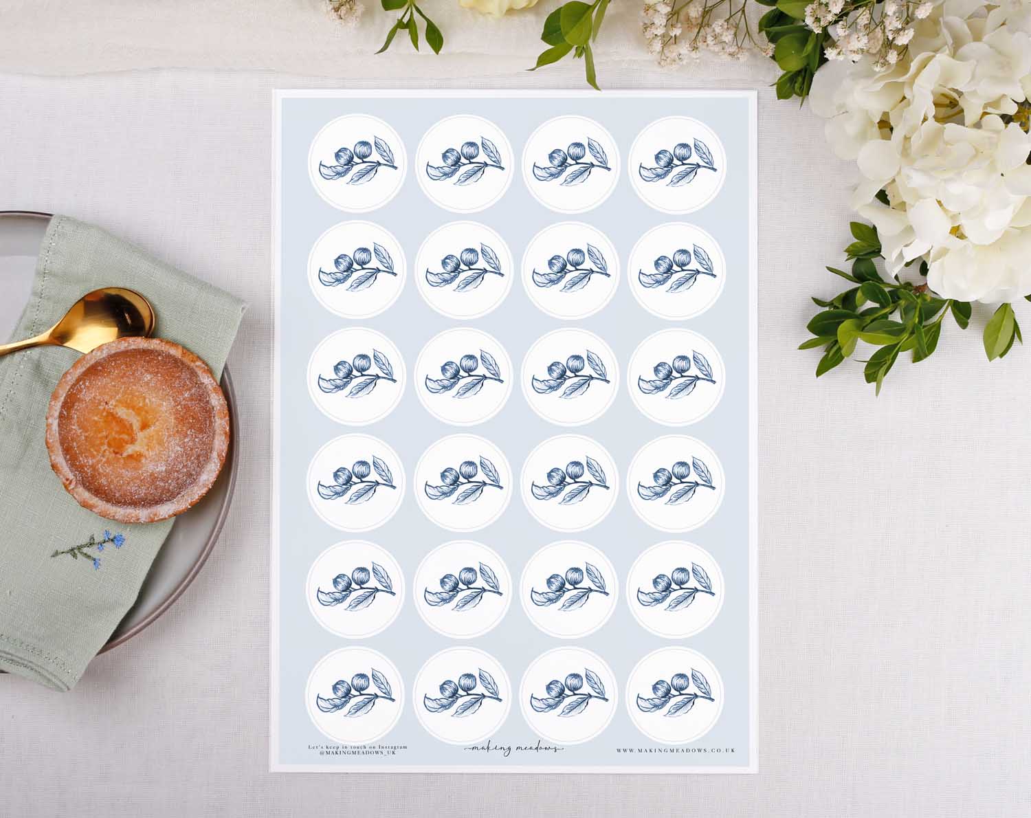 Blue Garden Wedding Stickers for sealing invitation envelopes, featuring a botanical walnut tree branch illustration.
