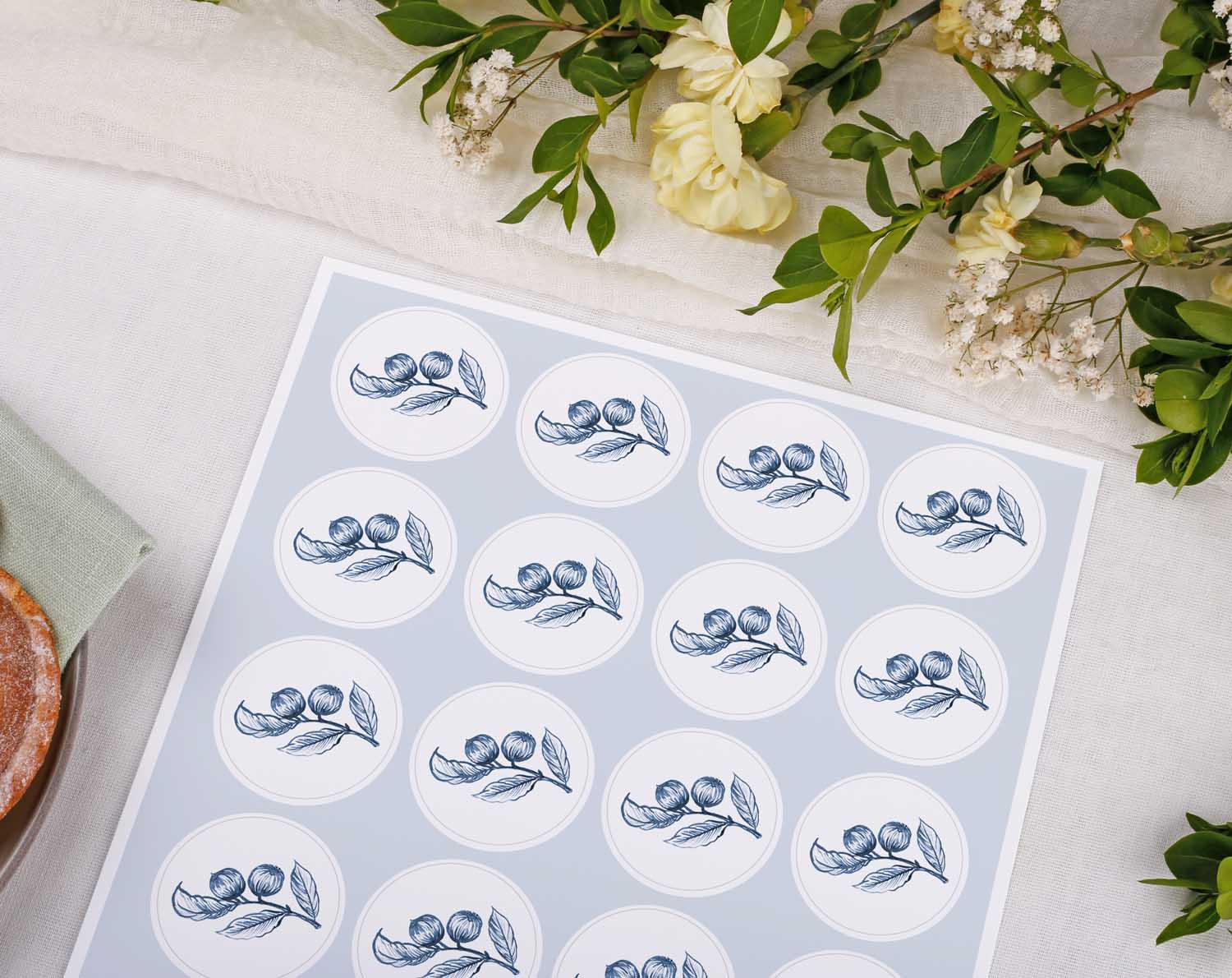 Blue Garden Wedding Stickers for Envelope Seals featuring botanical illustrations in blue on a light background.