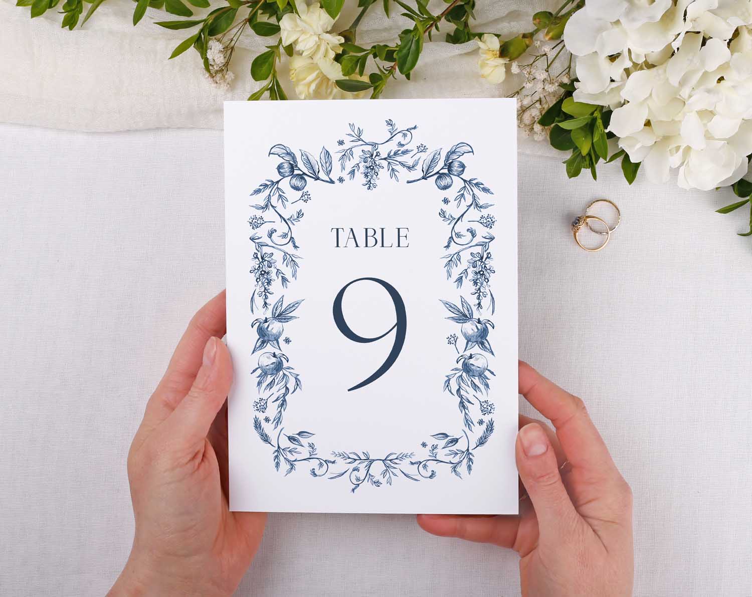 Blue Garden Wedding Table Numbers featuring Table 9 design with navy blue botanicals and elegant frame.
