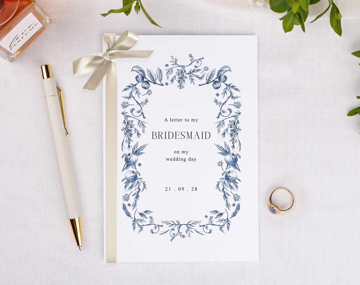 Blue Garden Wedding Thank You Card for bridal party with floral design and elegant ribbon embellishment.