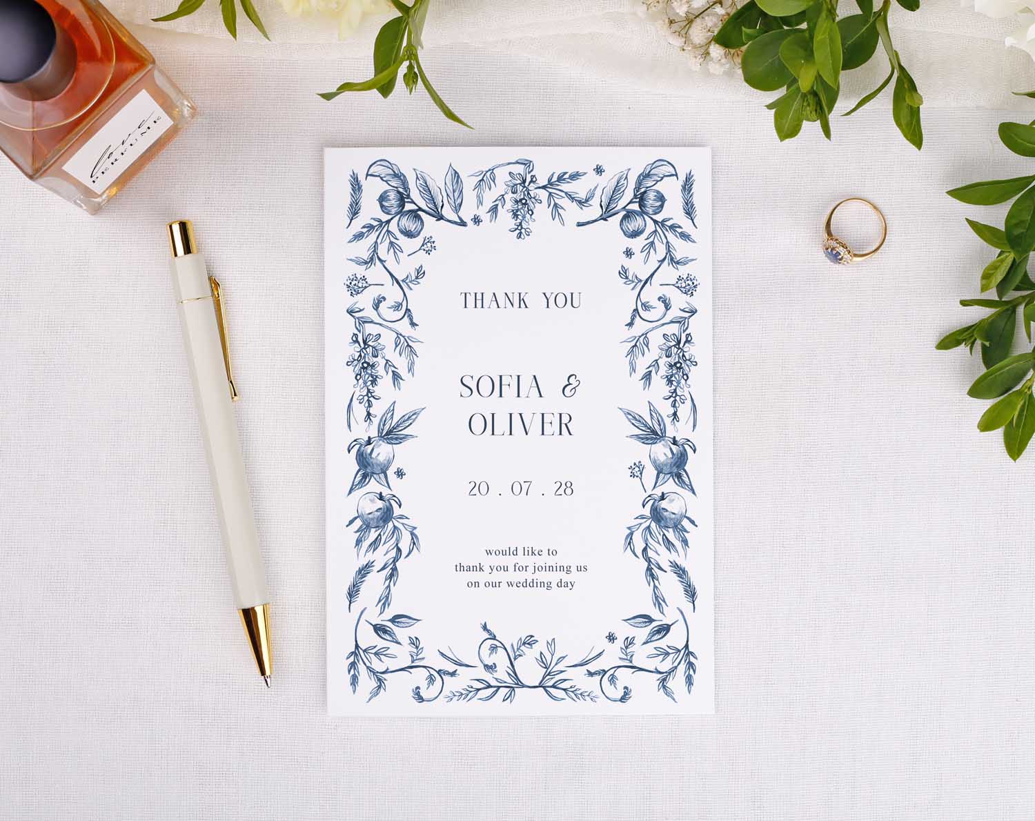 Blue Garden Wedding Thank You Cards featuring floral design with names Sofia and Oliver and wedding date.