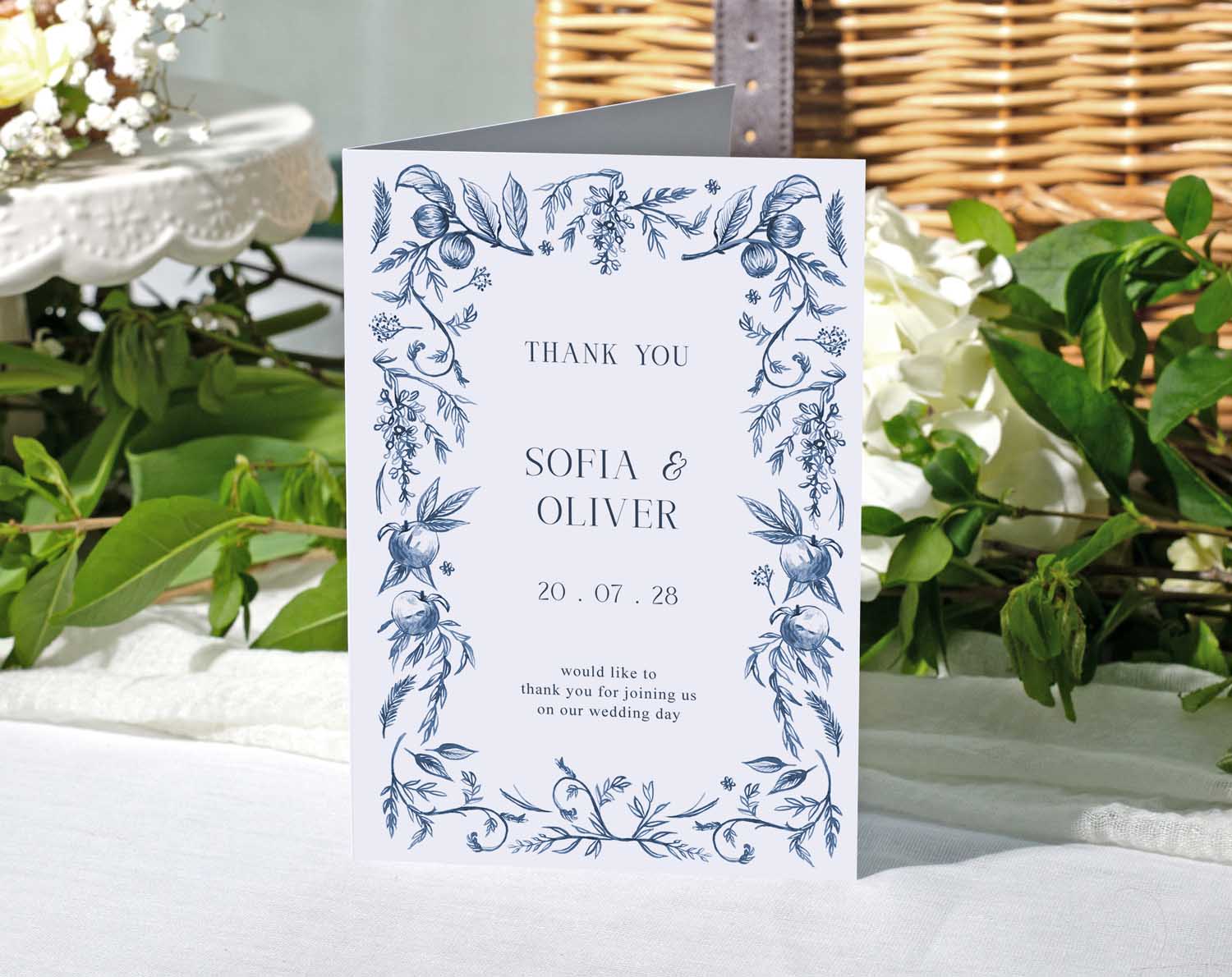 Blue Garden Wedding Thank You Cards with floral design, thanking guests for attending the wedding.