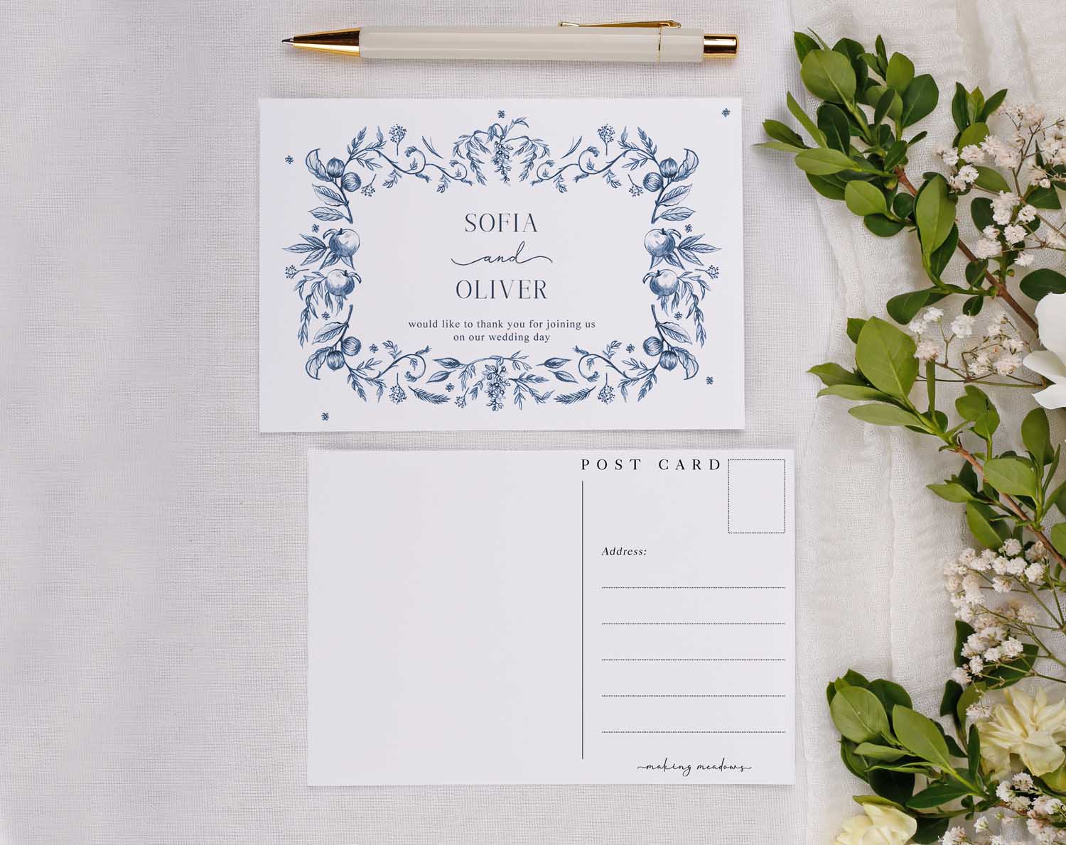 Blue Garden Wedding Thank You Postcards featuring floral design and personalized names on elegant cardstock.