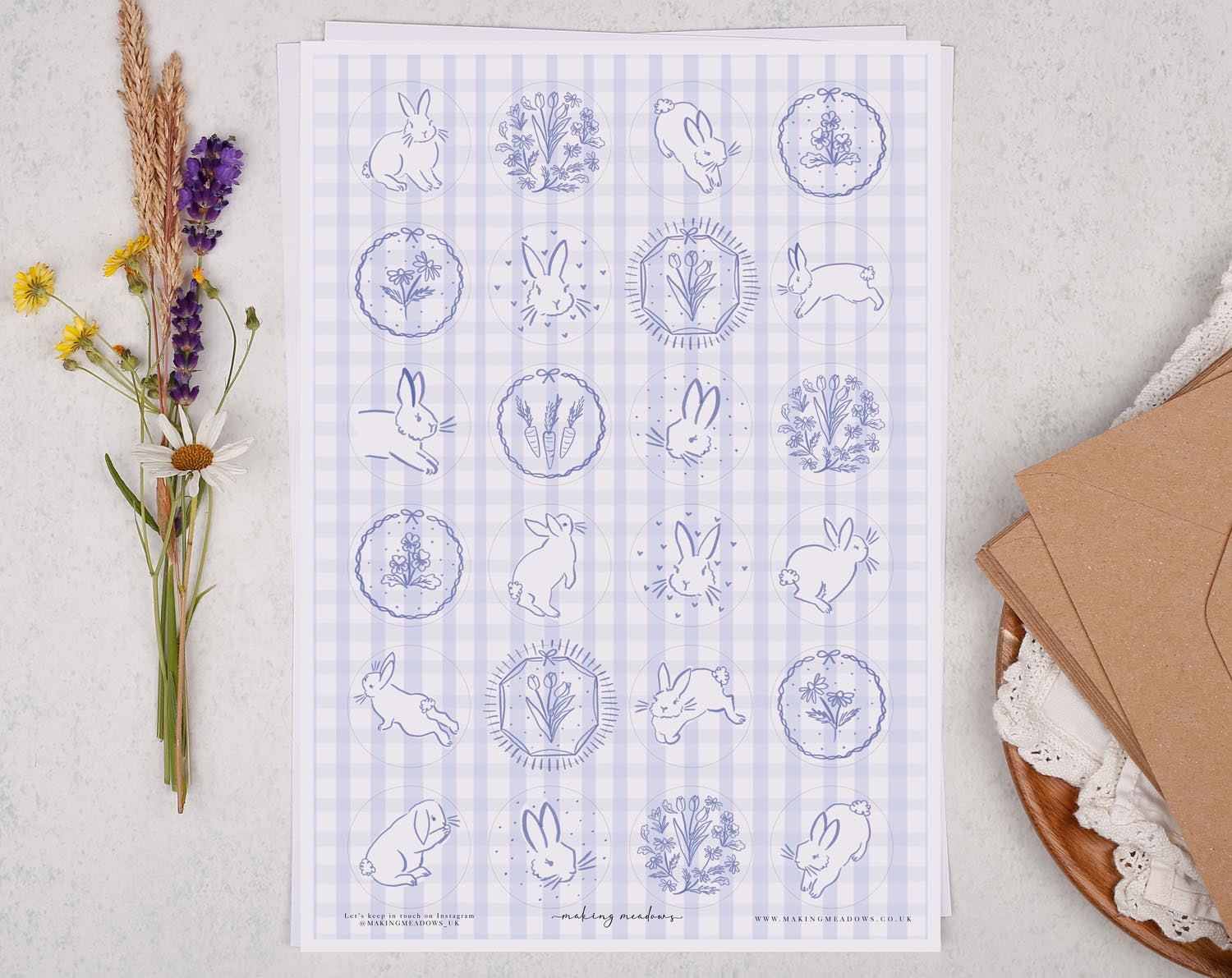 Blue Gingham Rabbit Sticker Sheet. Decorative Stickers designed by Making Meadows