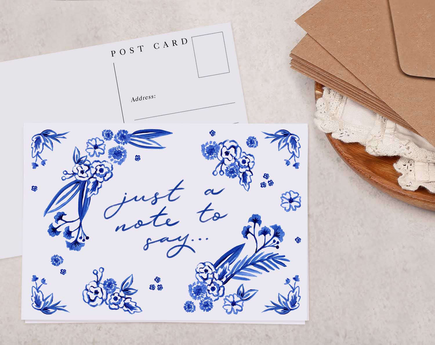 Blue Porcelain Just A Note To Say Postcard. Post Cards designed by Making Meadows