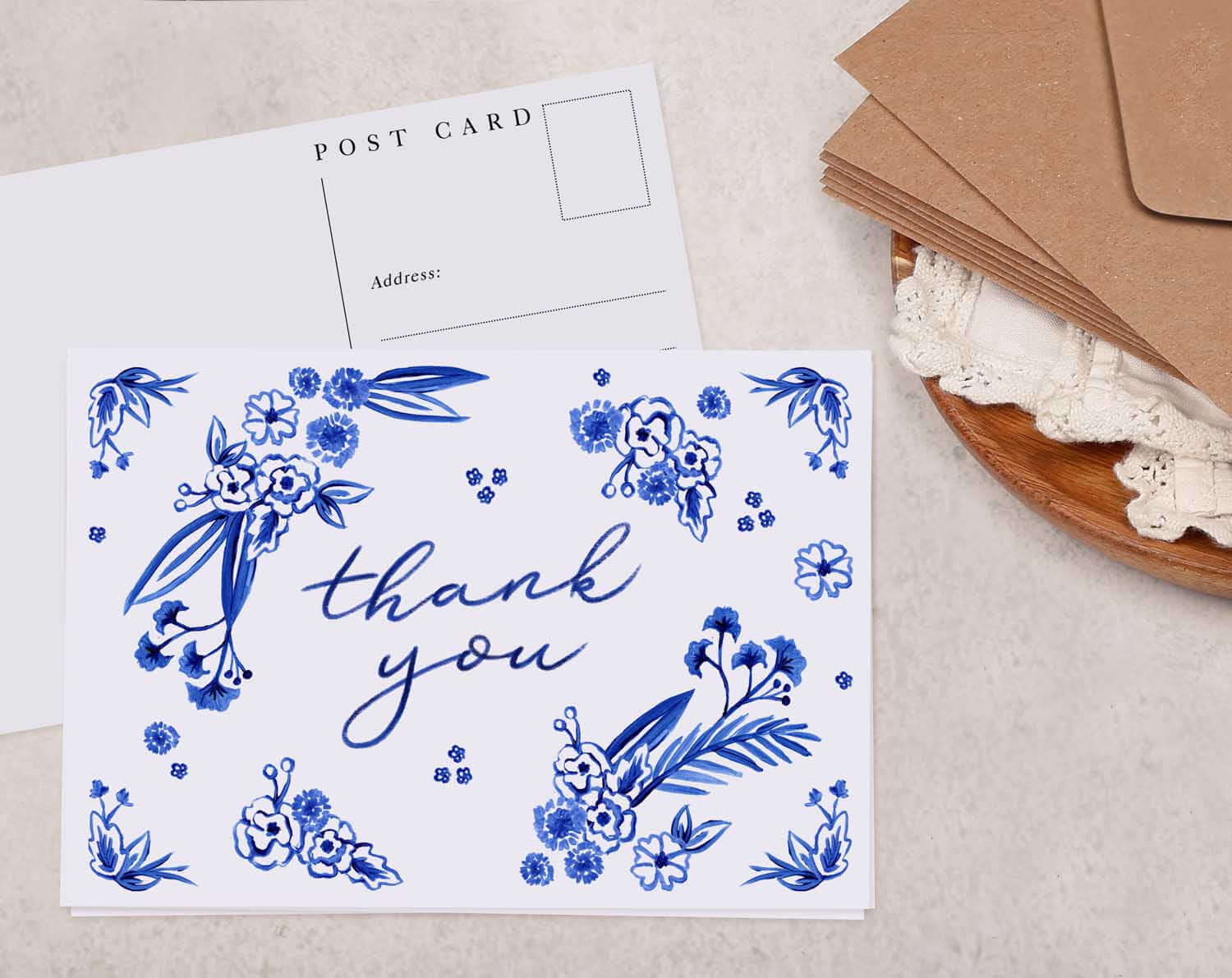 Blue Porcelain Thank You Postcard. Post Cards designed by Making Meadows