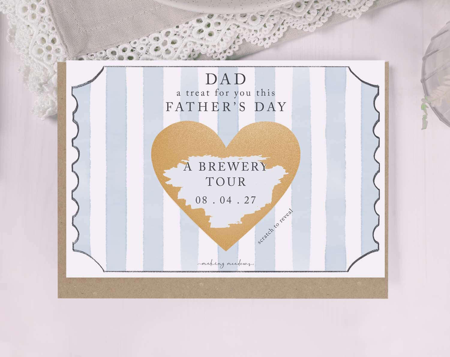 Blue Stripe Scratch To Reveal Card For Dad featuring a blue striped design and golden heart scratch-off area.