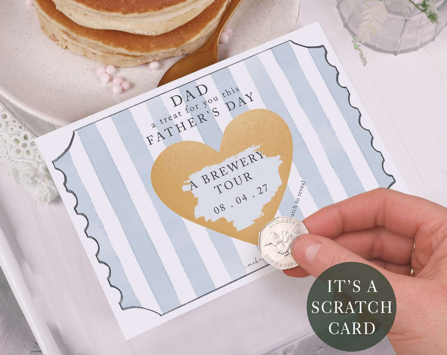 Blue Stripe Scratch To Reveal Card For Dad with hand scratching heart area for Father's Day surprise.